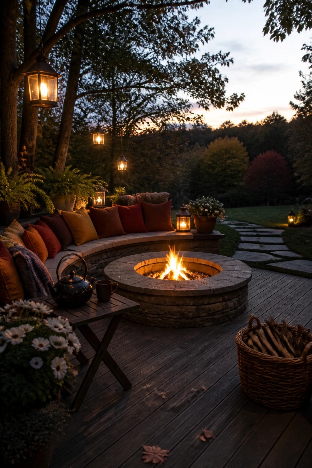A wooden deck at dusk features a round stone fire pit with active flames, surrounded by a curved bench with colorful pillows, hanging lanterns, a small side table with a kettle, and a basket of firewood.