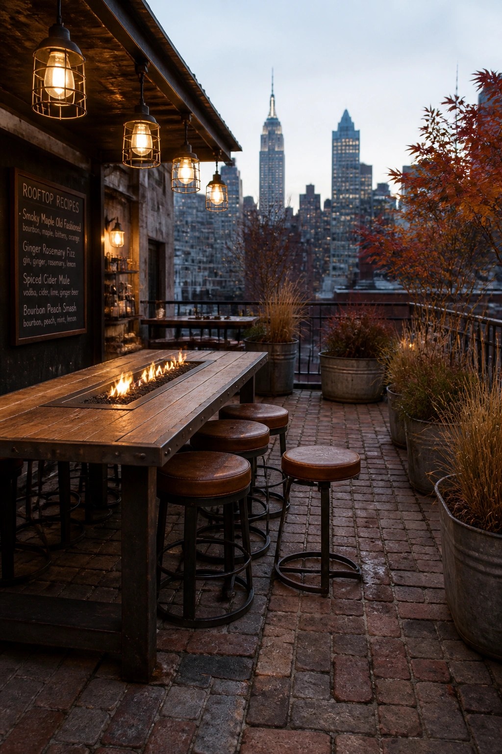 A long wooden fire table with burning flames sits on a brick rooftop deck surrounded by brown leather stools, potted plants, and hanging lights, with a city skyline behind it.