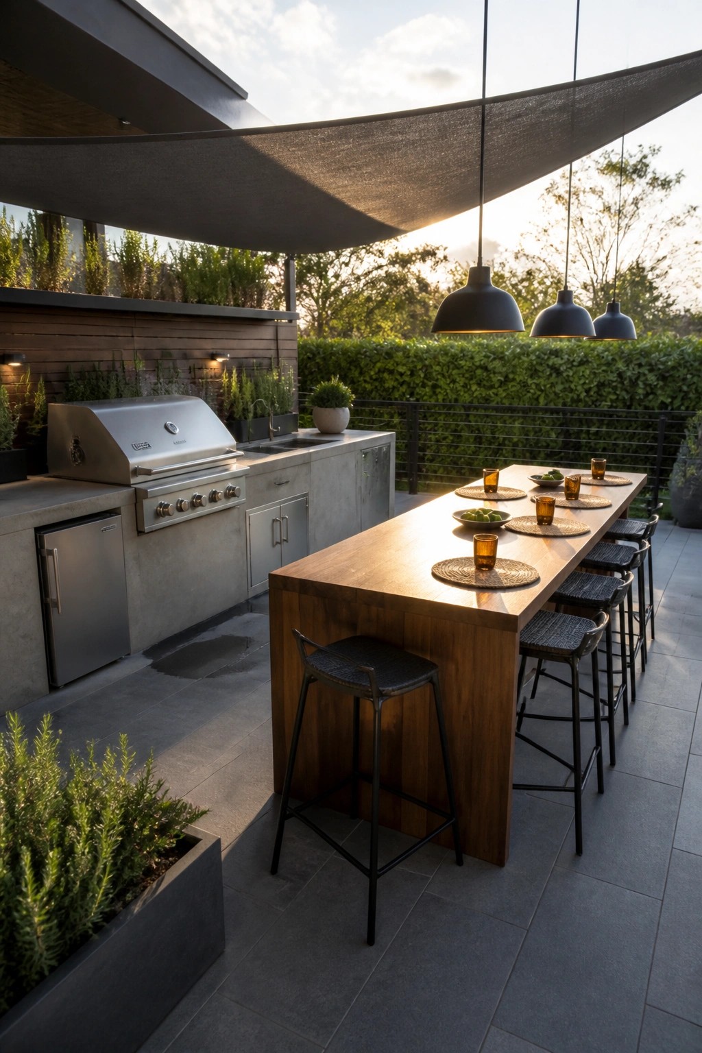 Modern outdoor kitchen with wooden bar table, black stools, grill, and hanging lights at sunset.