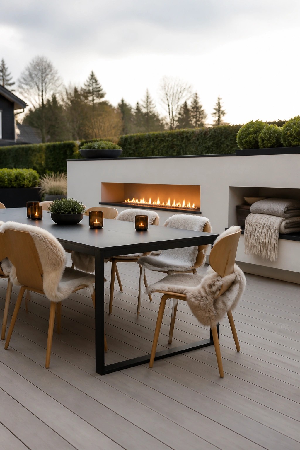 An outdoor deck with a long black dining table surrounded by wooden chairs with sheepskin covers, positioned in front of a linear built-in fireplace set into a white wall, with lit candles on the table.