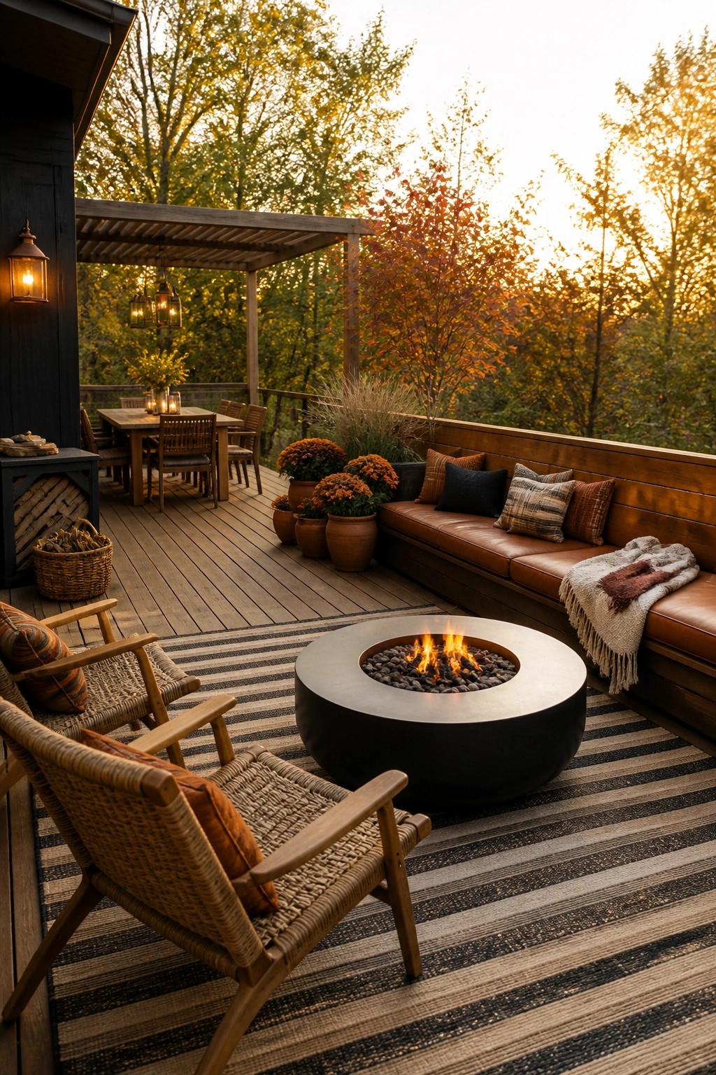 A wooden deck featuring a central round fire pit on a striped rug, surrounded by a leather sofa, woven chairs, potted plants, and autumn trees.