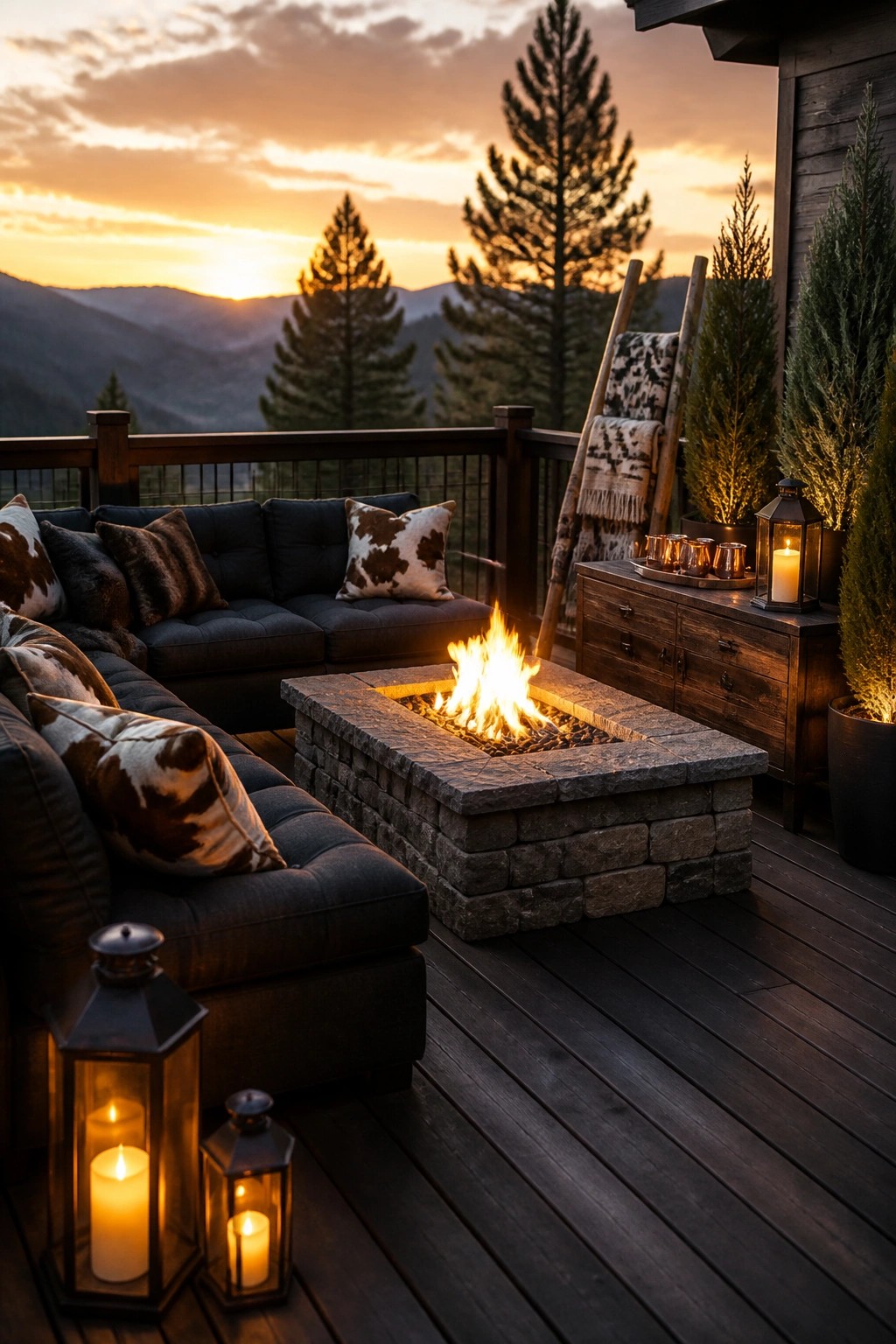 A wooden deck at sunset with a square stone fire pit burning in the center, a dark sectional sofa with patterned pillows to the left, two lit lanterns in the foreground, and a wooden console table with candles and a blanket ladder to the right, overlooking mountains and tall trees.