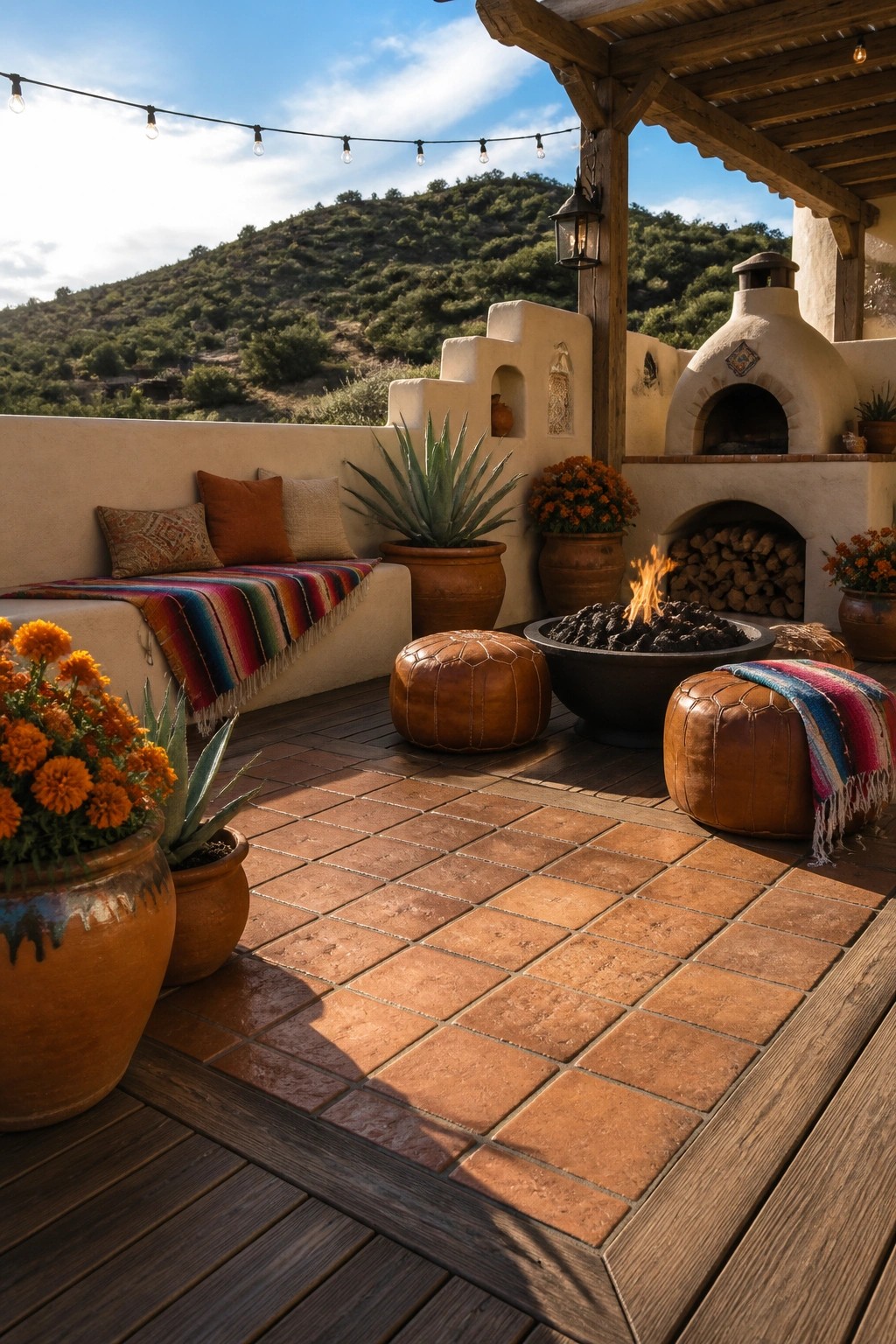 An outdoor deck with terracotta tile flooring features a central fire pit bowl surrounded by brown leather poufs, a built-in stucco oven, potted marigolds, and a bench with a colorful striped blanket.