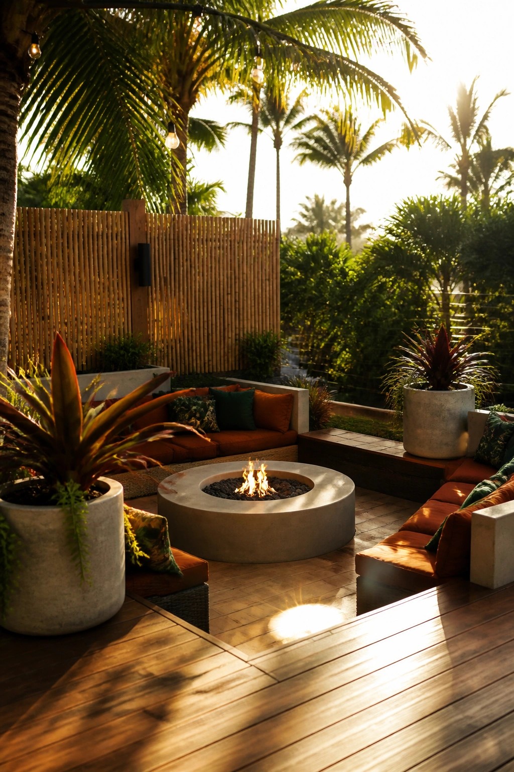 A wooden deck featuring a circular concrete fire pit surrounded by orange cushioned sofas, potted plants, and tall palm trees.