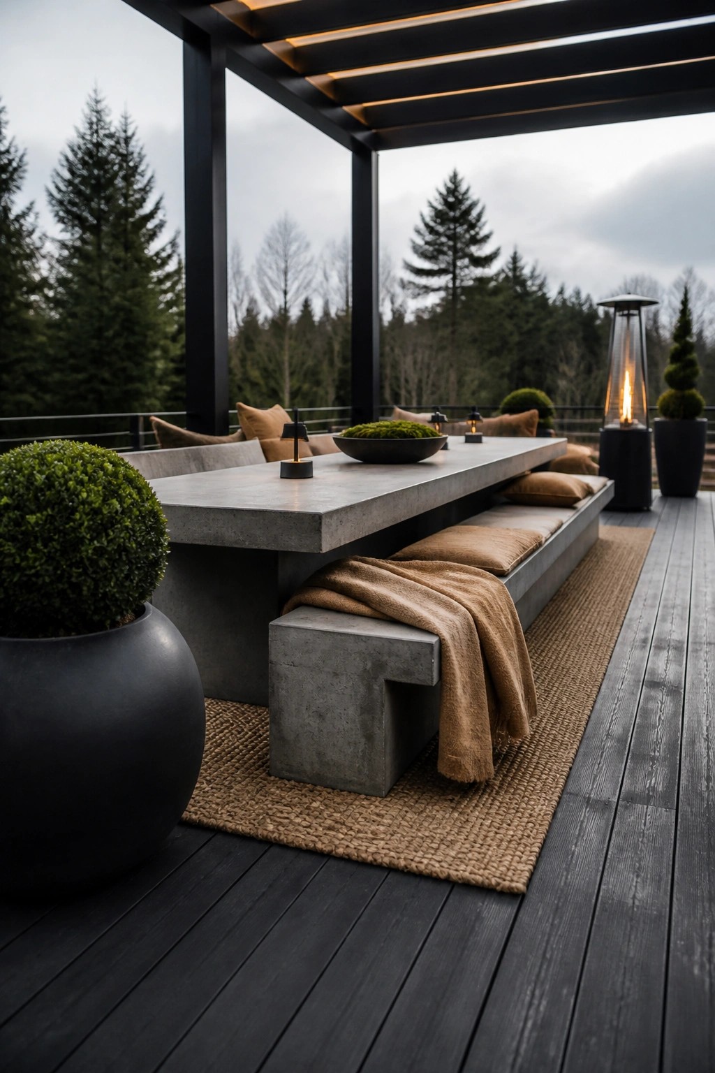 A modern deck with a long concrete dining table and bench seating, brown cushions, a woven throw, potted shrubs, and a lit patio heater under a pergola overlooking trees.