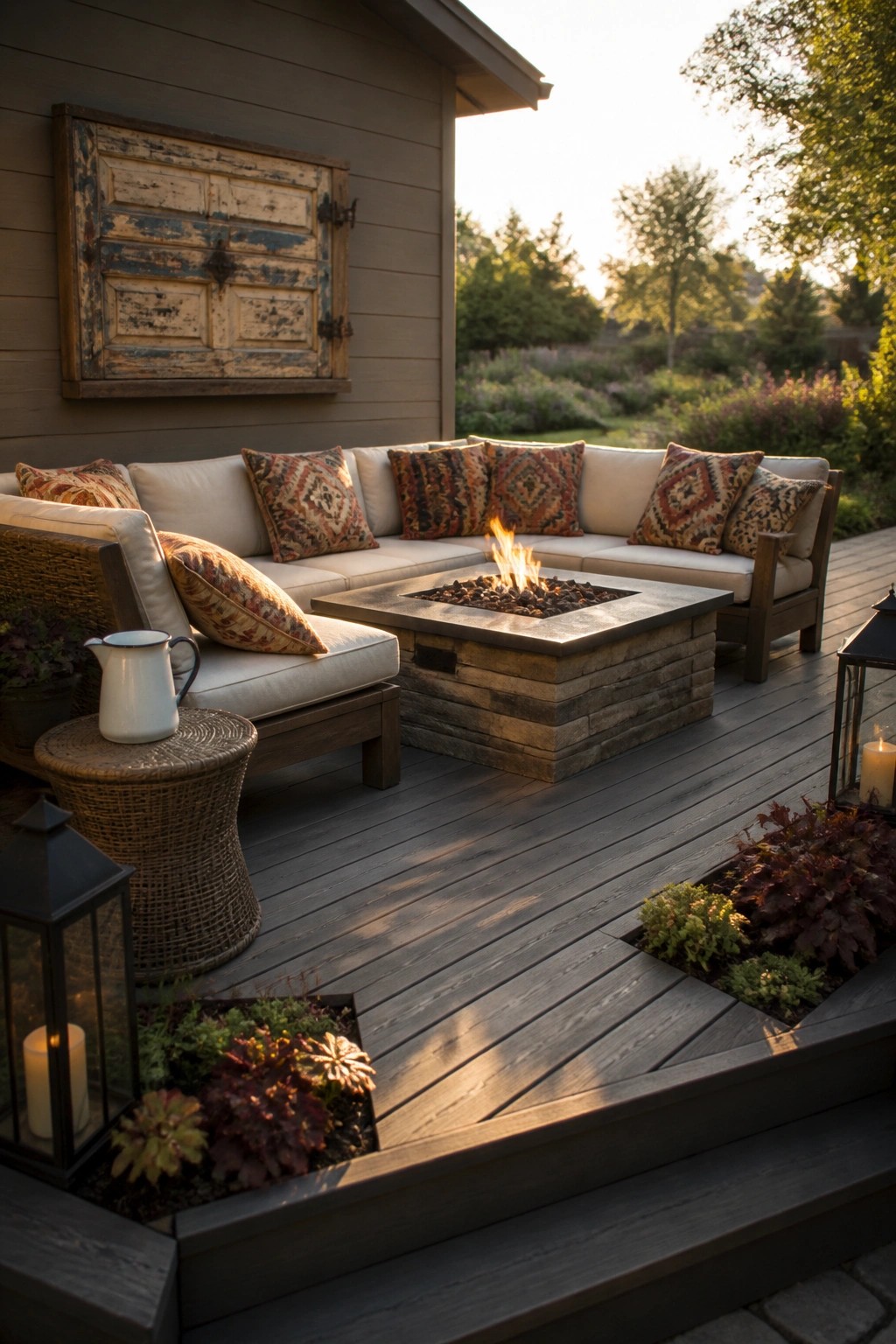 Cozy wooden deck with stone fire pit, sectional sofa, pillows, and glowing lanterns at dusk