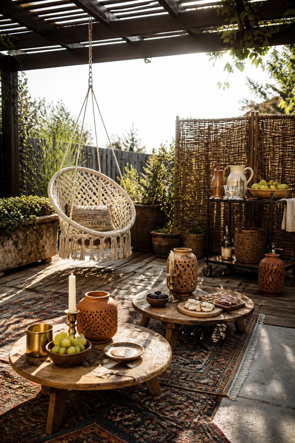 Wooden deck with hanging macrame chair, low round tables on patterned rugs, pottery, and food arranged under a pergola.