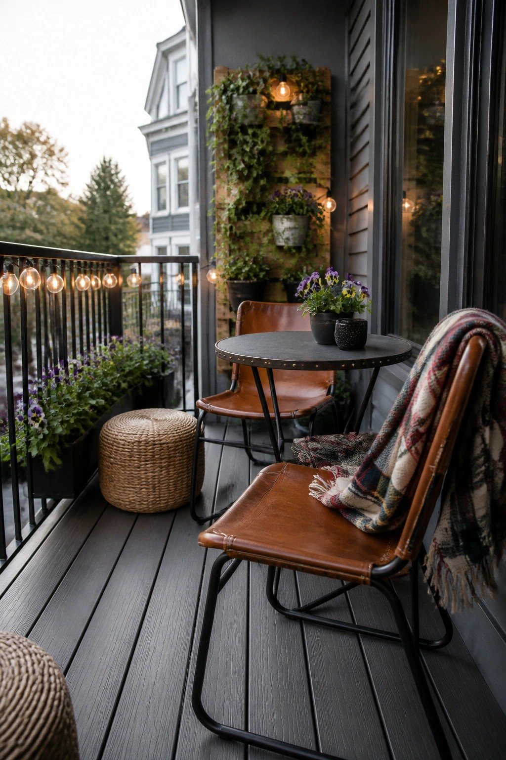 A wooden deck with two brown leather chairs around a round table, one chair draped with a plaid throw, string lights on the railing, and a vertical plant wall in the background.