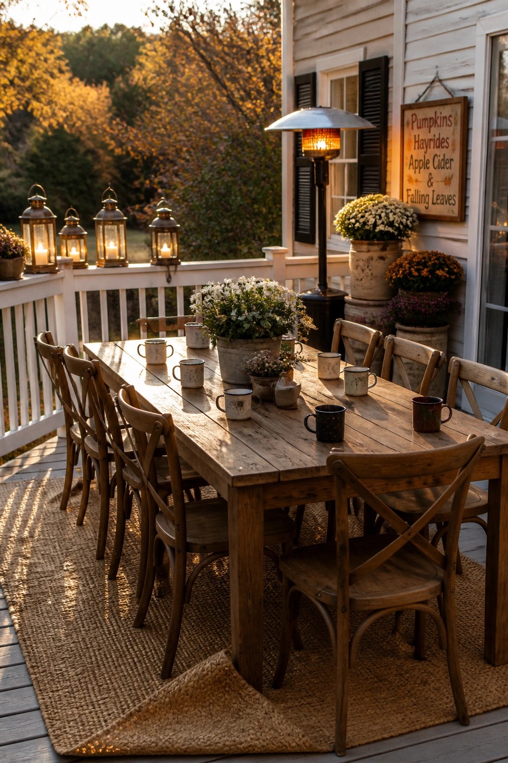 A long wooden dining table with chairs on a deck, surrounded by lanterns, potted plants, and a patio heater in autumn light.