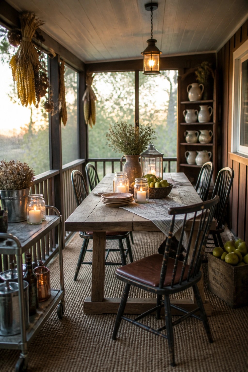 A rustic wooden dining table with candles, plates, and a bowl of apples sits on a woven rug inside a screened porch furnished with black spindle chairs.
