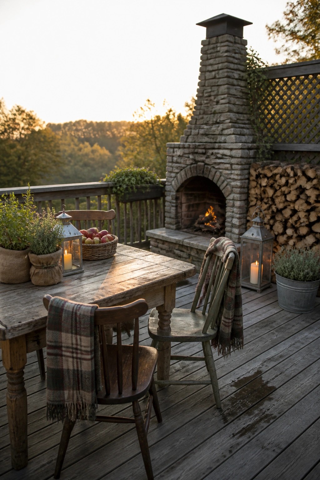 A wooden deck featuring a large stone fireplace with a burning fire, a rustic dining table, wooden chairs with plaid throws, lit lanterns, potted plants, and stacked firewood at sunset.