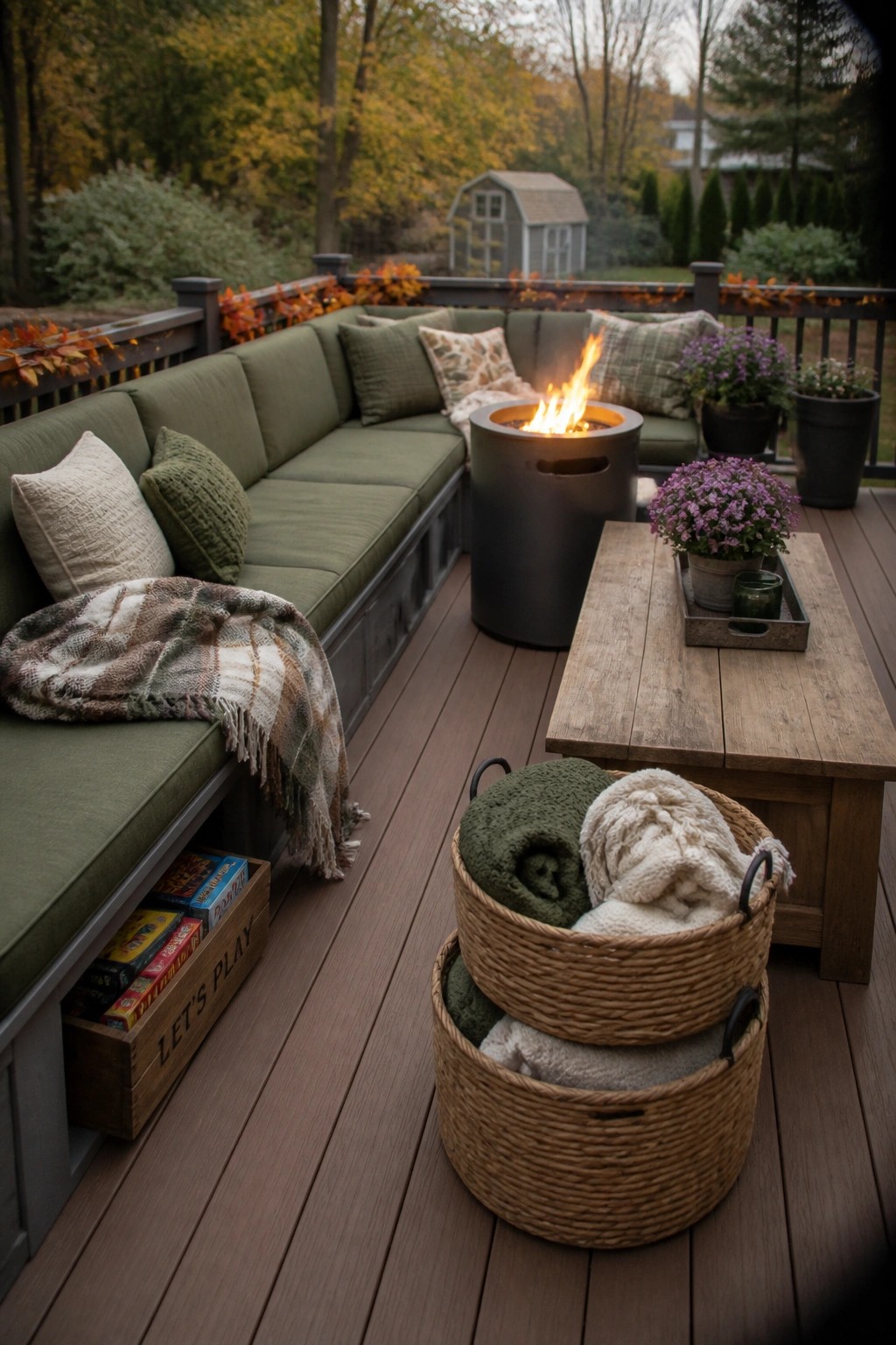 A wooden deck with a green sectional sofa, round fire pit, wooden coffee table, and two woven baskets holding rolled blankets in the foreground.