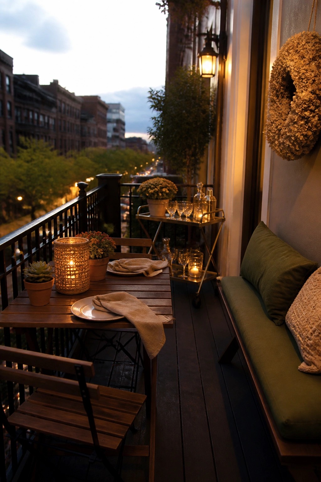 A wooden table set for dining on a balcony at dusk with plates, napkins, and multiple lit candles in lanterns, next to a green cushioned bench and a bar cart.