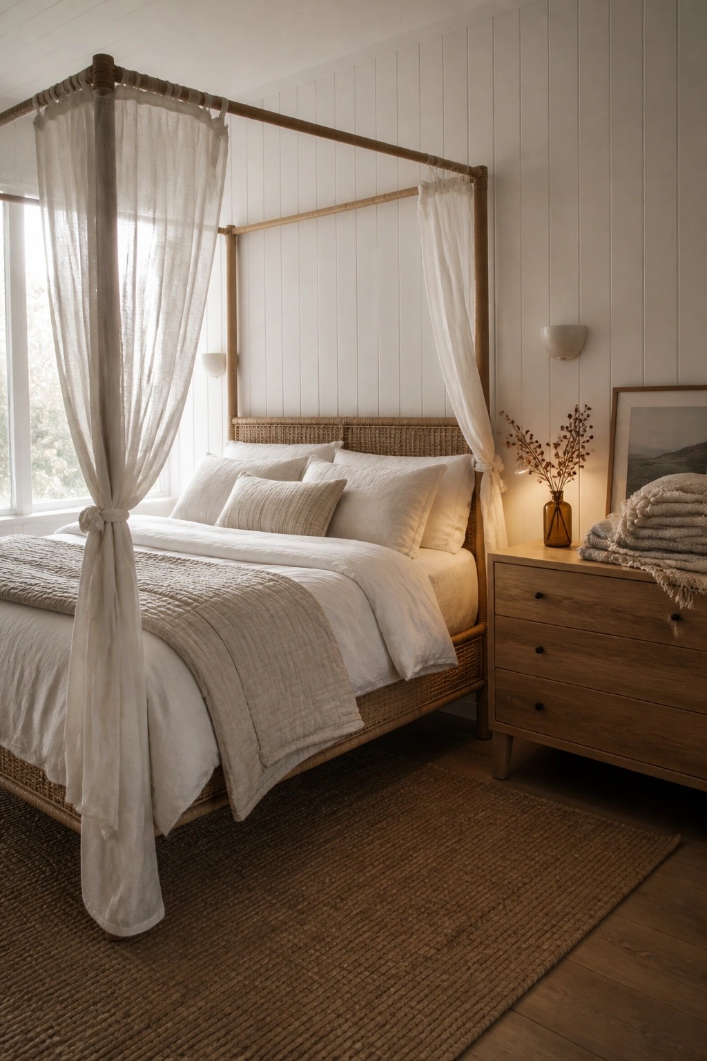 A bedroom with a wooden canopy bed dressed in white linens and sheer tied curtains, next to a wooden nightstand on a woven rug.