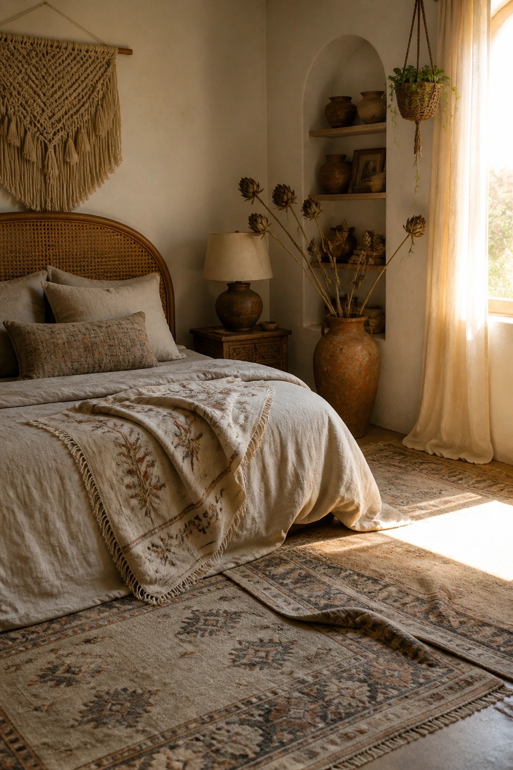 A neutral bedroom with a bed dressed in linen bedding and a patterned throw, two layered rugs on the floor, a woven headboard, pottery on shelves, and a macrame wall hanging.