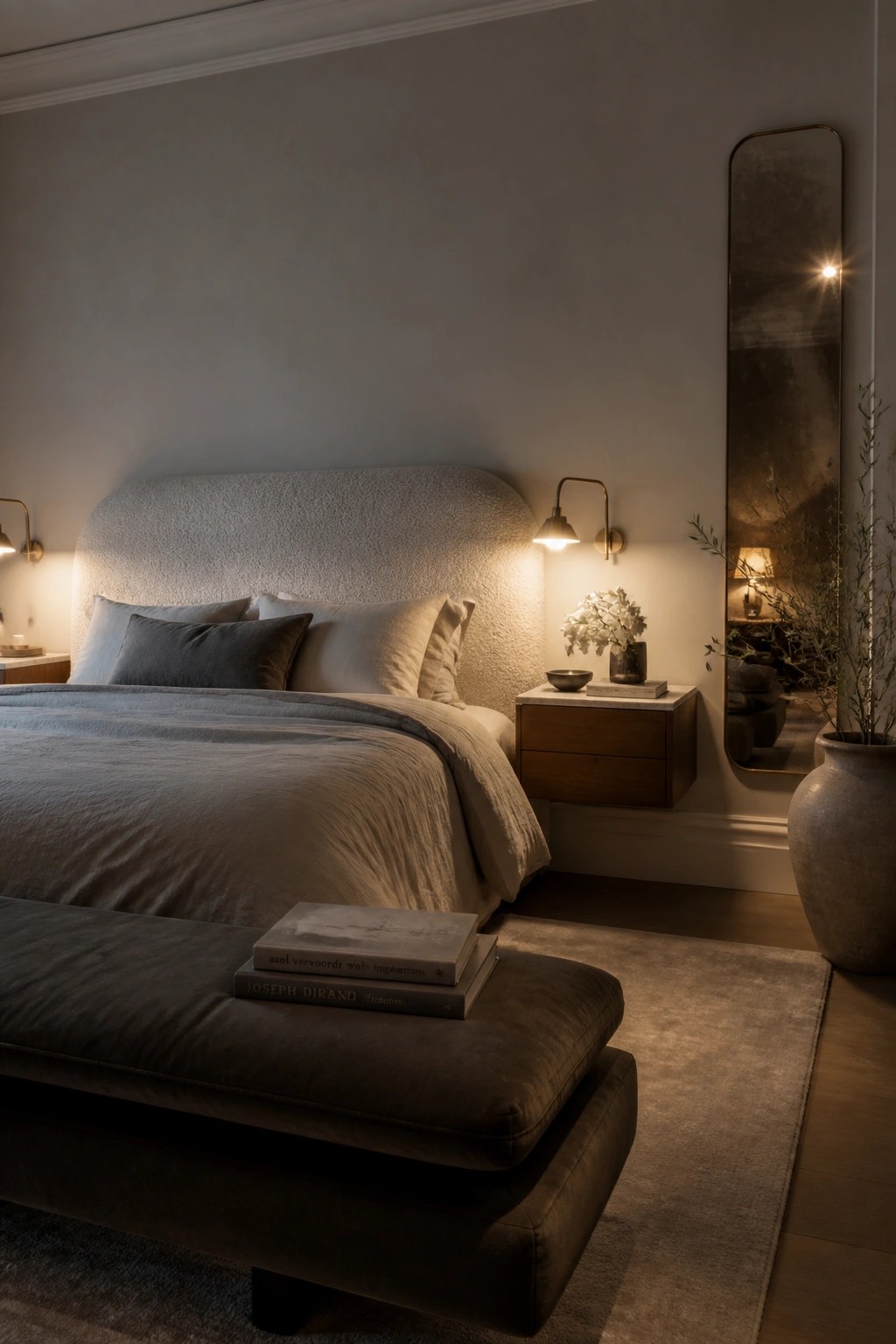 A neutral bedroom featuring a large upholstered headboard, layered bedding in soft grays and beiges, floating nightstands with wall-mounted sconces, a bench at the foot of the bed, and a tall mirror on the right wall.