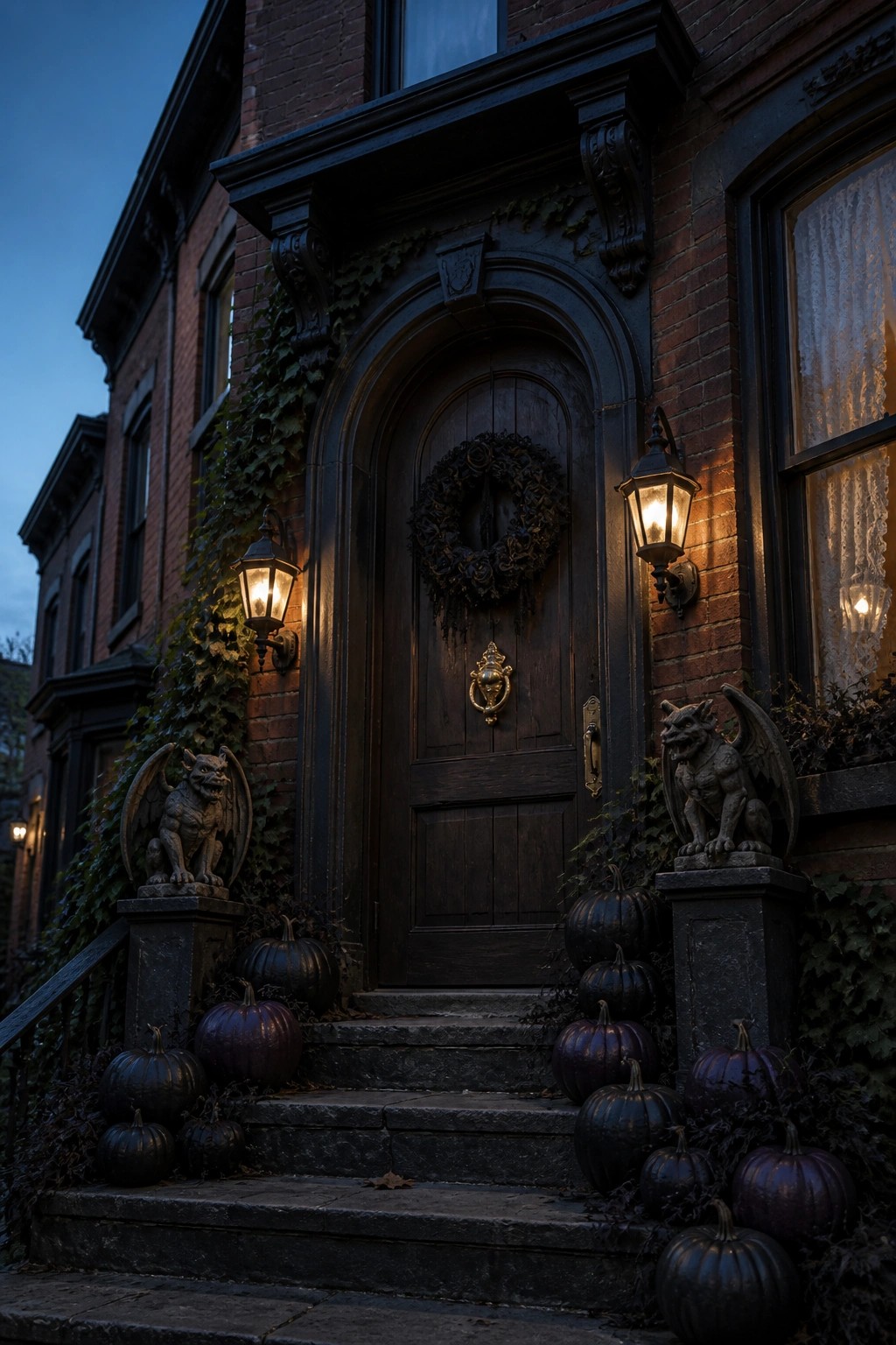A brick house front entrance at dusk with a dark arched door, a black wreath, two stone gargoyle statues on pedestals, black pumpkins on the steps, and wall lanterns.