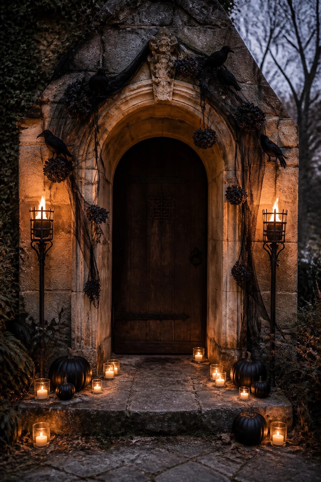 A stone arched entryway decorated with black birds, dark netting, pumpkins, and lit candles and torches at dusk.