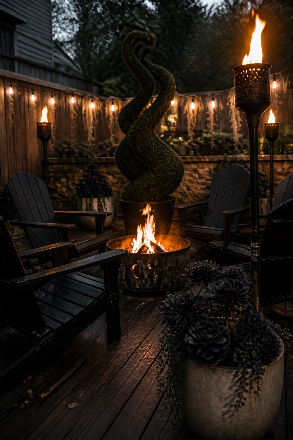 A wooden deck features black Adirondack chairs around a metal fire pit, with dark potted plants and several lit torches visible in the background.