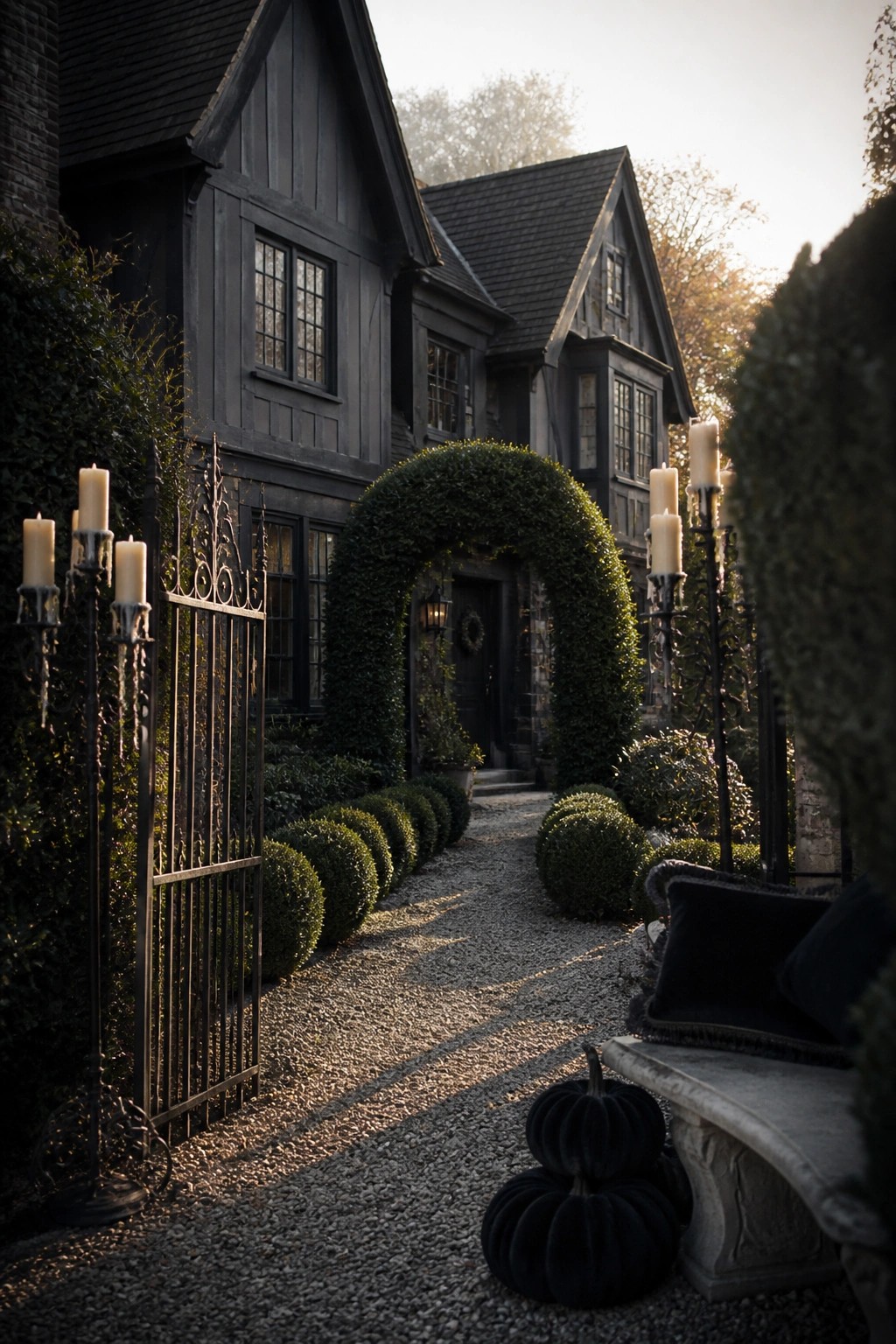 Dark gothic house with arched hedge, candlelit gate, black pumpkins on gravel path