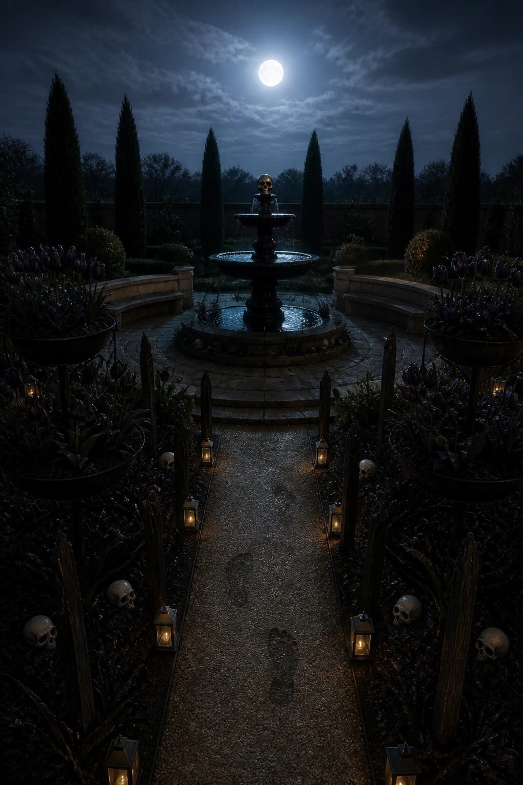 A stone garden path at night lined with dark tulips in elevated planters, small lanterns, and scattered skulls leading toward a central fountain.