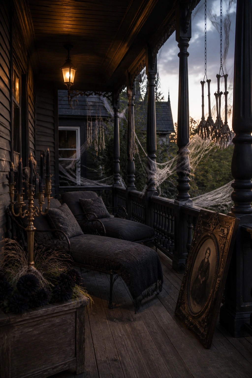 A dark wooden porch at dusk featuring black upholstered chaise and chairs, spider webs, a bone chandelier, and a framed portrait leaning on the railing.