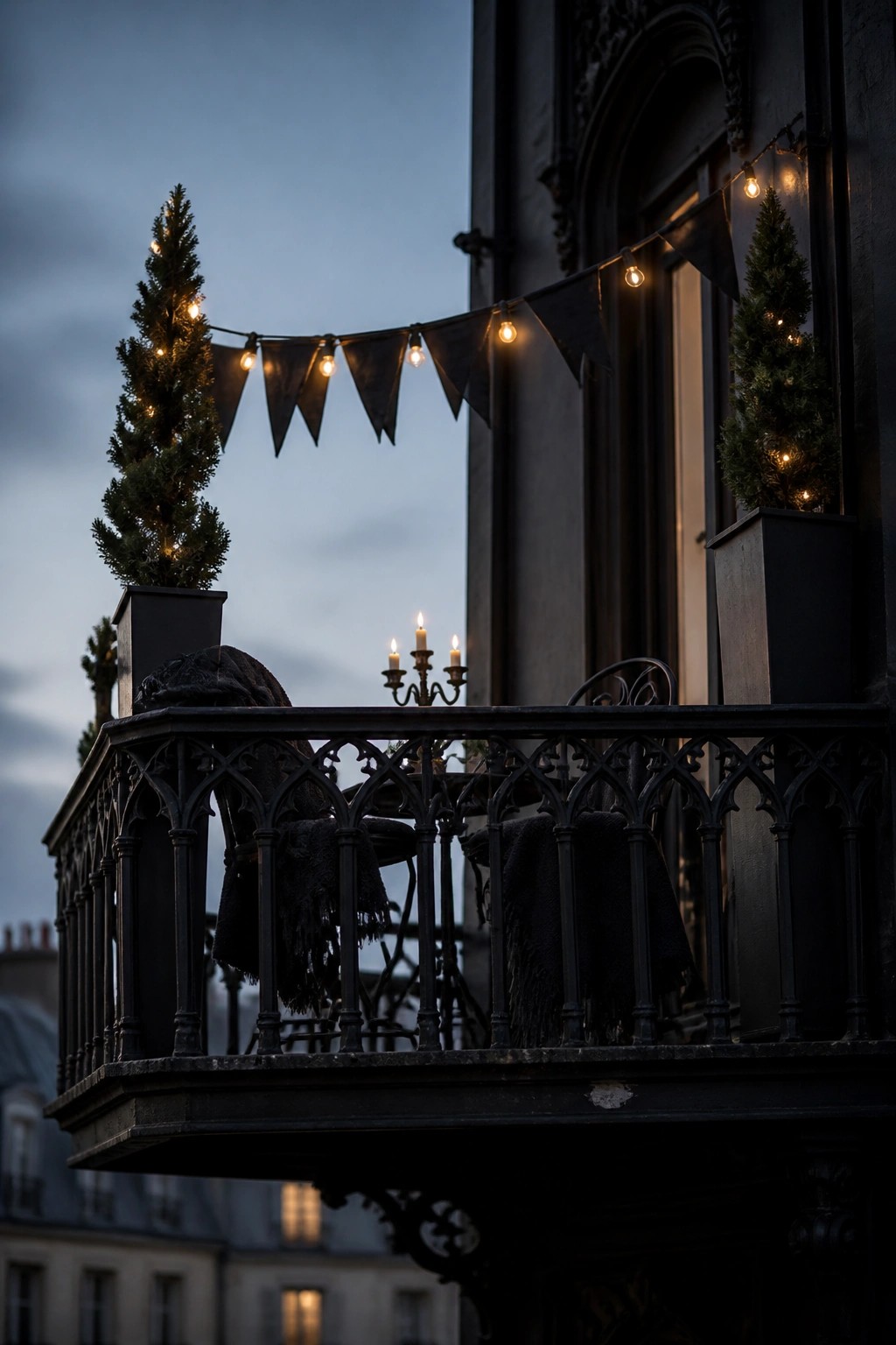 A balcony at dusk with ornate black metal railing, dark fringed fabrics draped over chairs, a candelabra with three lit candles, string lights, and two small evergreen trees in planters.