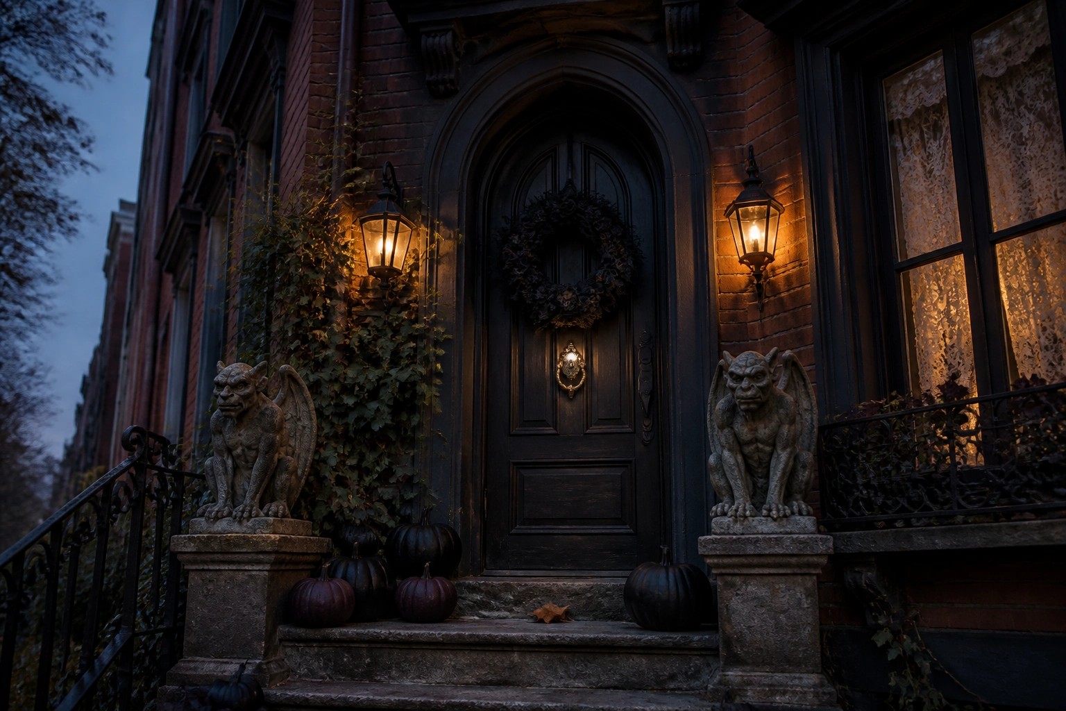 A brick house front entrance at dusk with a dark arched door, a black wreath, two stone gargoyle statues on pedestals, black pumpkins on the steps, and wall lanterns.