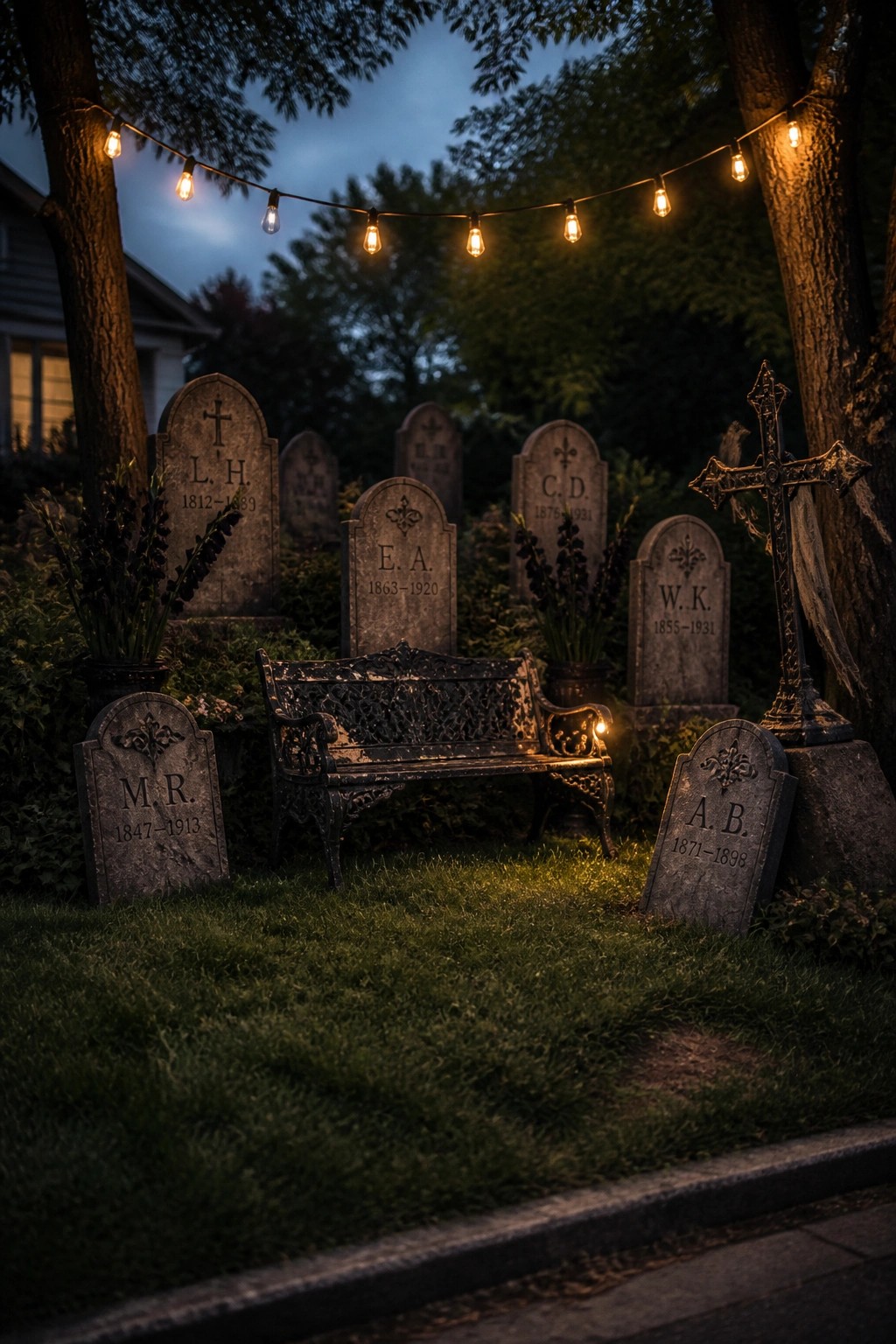 Ornate bench amid gravestones under glowing string lights in a twilight cemetery.