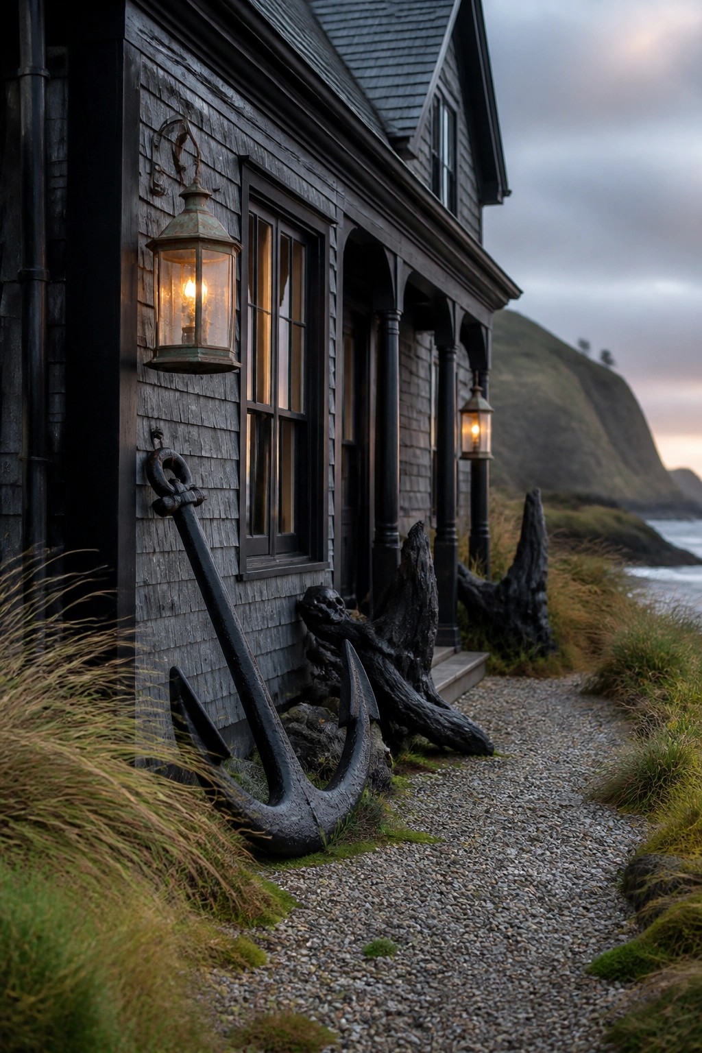 Dark wooden house with large anchor on gravel path by ocean at dusk