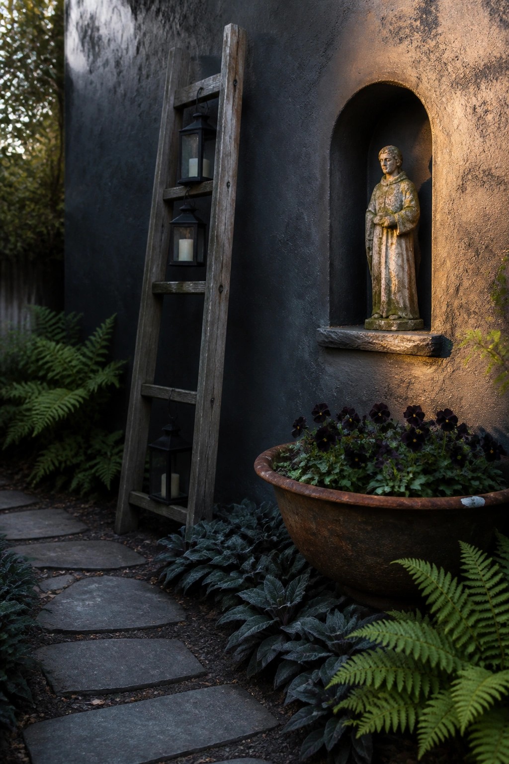 A stone path runs beside ferns and a large planter of dark flowers toward a textured dark wall that holds a wooden ladder with lanterns and a statue inside an arched niche.