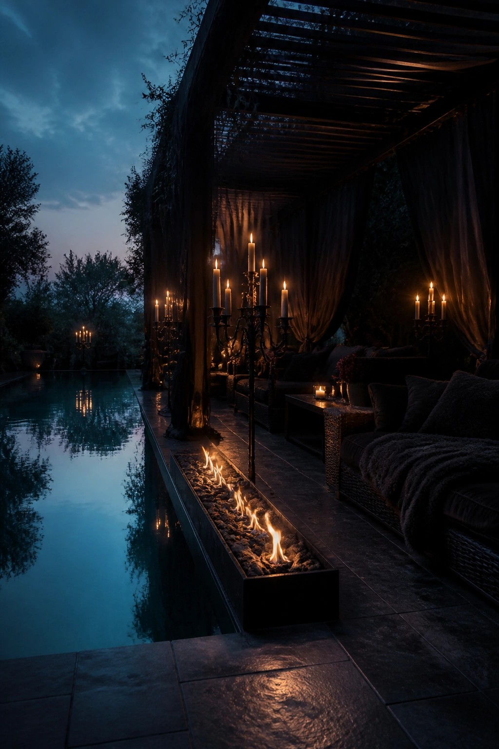 Nighttime view of a covered outdoor lounge beside a pool, featuring a long linear fire pit, dark wicker seating, and multiple lit candelabras.
