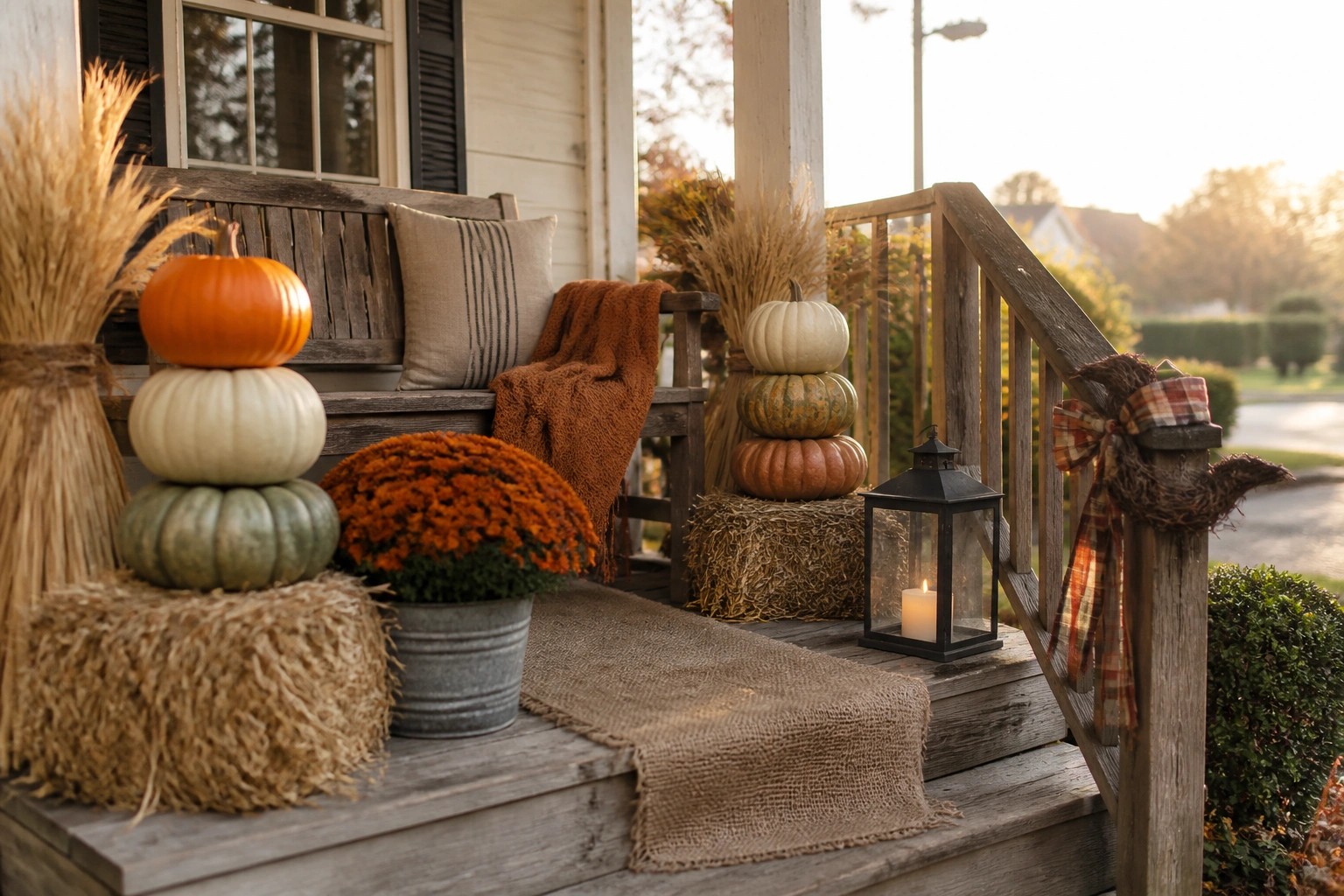 Autumn porch with stacked pumpkins, potted mums, hay bales, wheat bundles, and lantern.