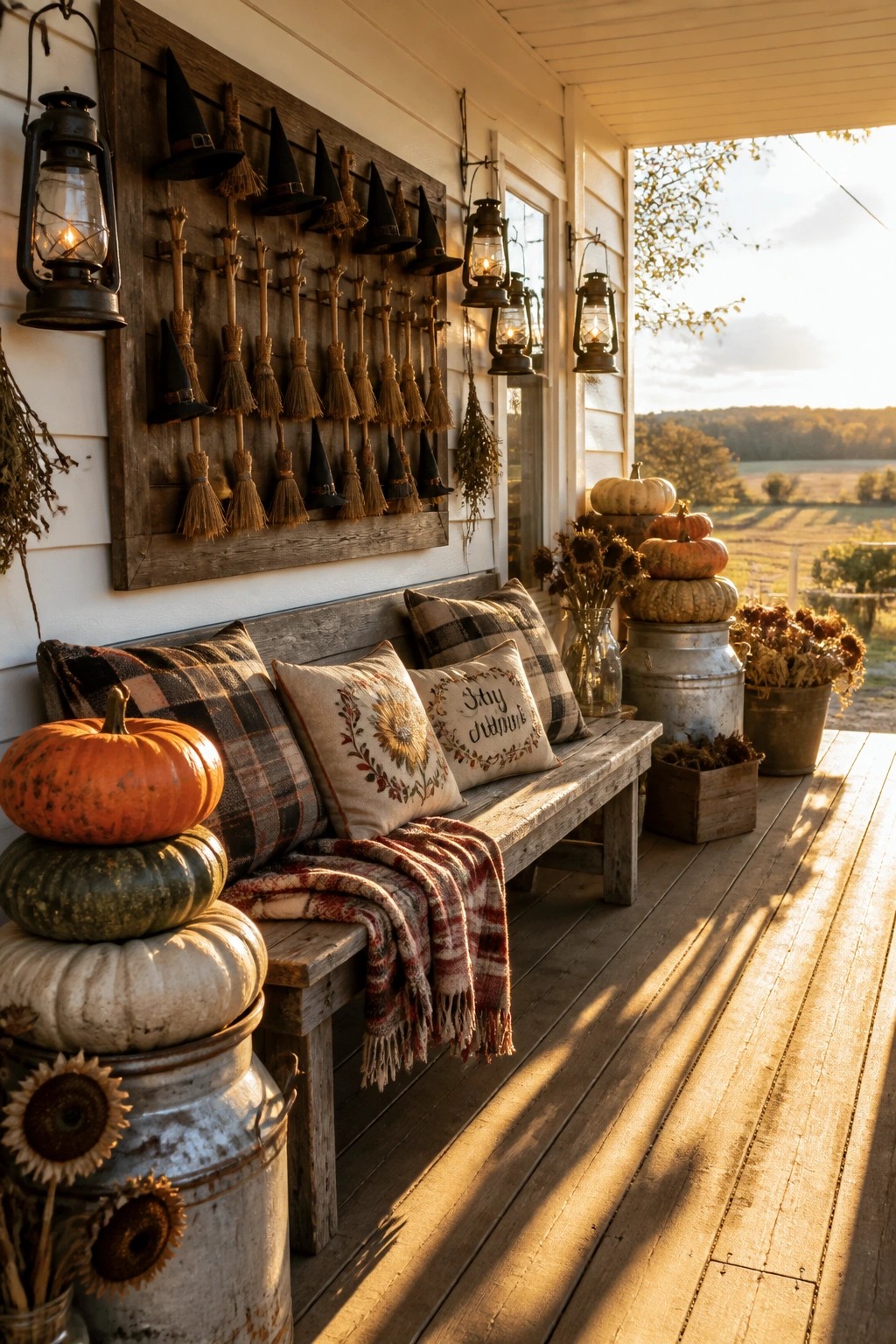 A wooden porch with a bench, pillows, pumpkins, and lanterns also shows a wall board holding rows of small brooms and witch hats.