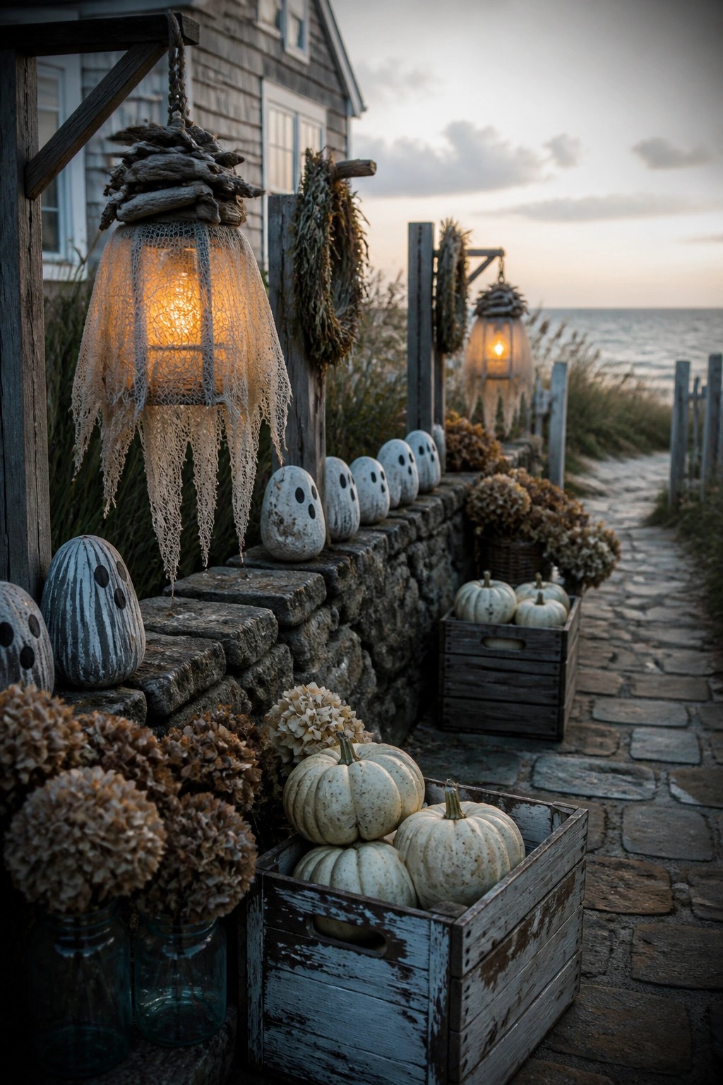 A gray shingled house exterior at dusk with hanging ghost-shaped lanterns made of driftwood and lace, white pumpkins in wooden crates, and painted ghost stones arranged on a stone wall beside a path.