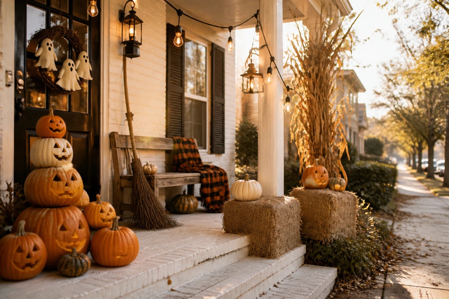A front porch with carved pumpkins stacked on hay bales beside a wooden bench covered in a plaid blanket, a broom leaning nearby, and a wreath with ghost figures on the wall.