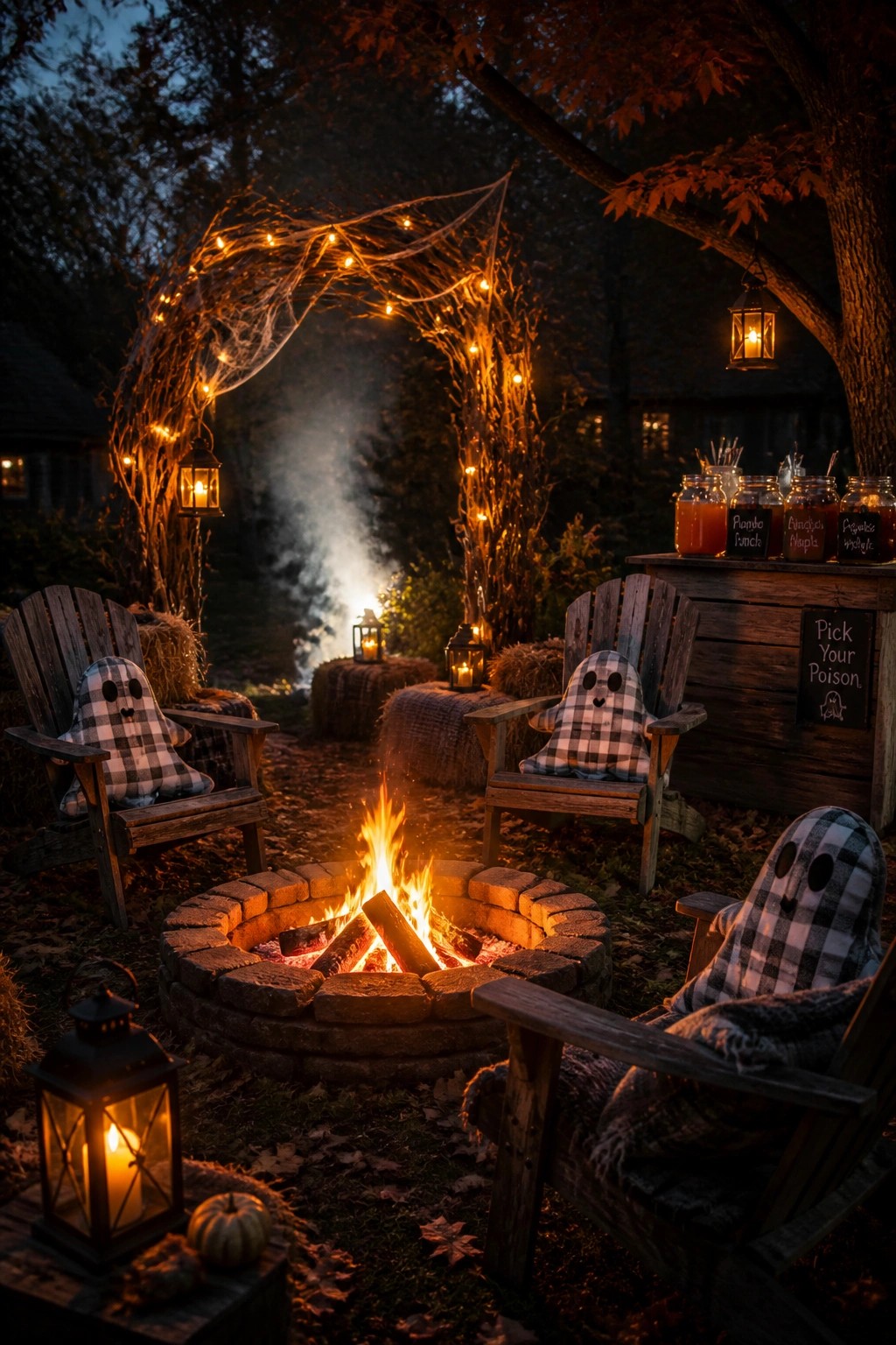 An outdoor fire pit area at dusk with three wooden Adirondack chairs holding plaid ghost figures, string lights on branches, lanterns, a wooden drink station, and autumn leaves on the ground.