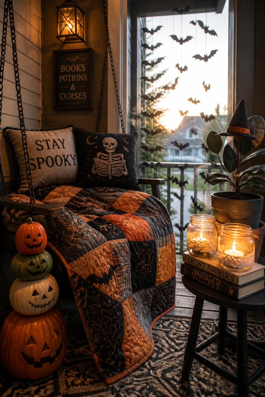 A wooden porch swing on a covered porch holds a patchwork quilt and two Halloween pillows, with stacked jack-o'-lanterns on the left, a potted plant wearing a witch hat on the right, and bat cutouts hanging in the window behind.