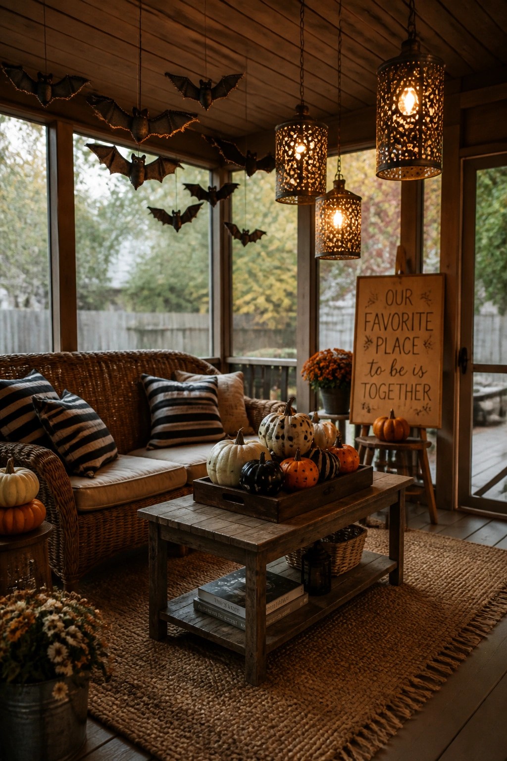 A covered wooden porch with wicker sofa, pumpkins on a coffee table, hanging lanterns, and multiple bat decorations suspended from the ceiling.