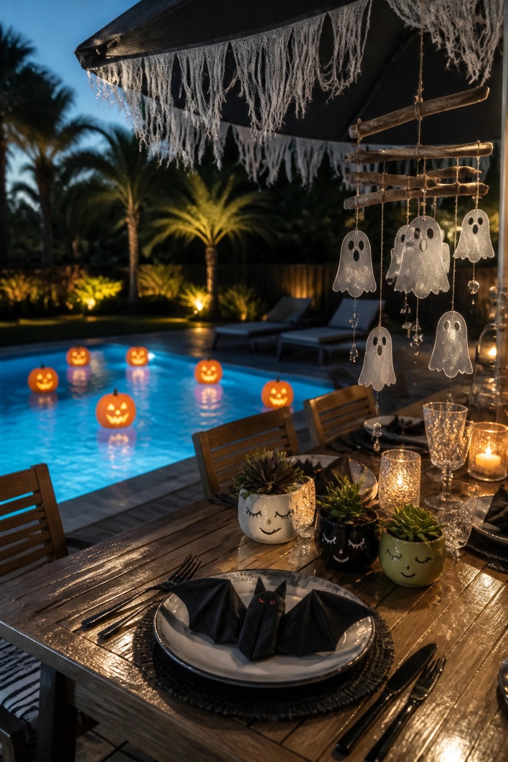 Outdoor wooden dining table with bat napkins and ghost pots next to a pool with floating pumpkins and hanging ghost lights from branches.