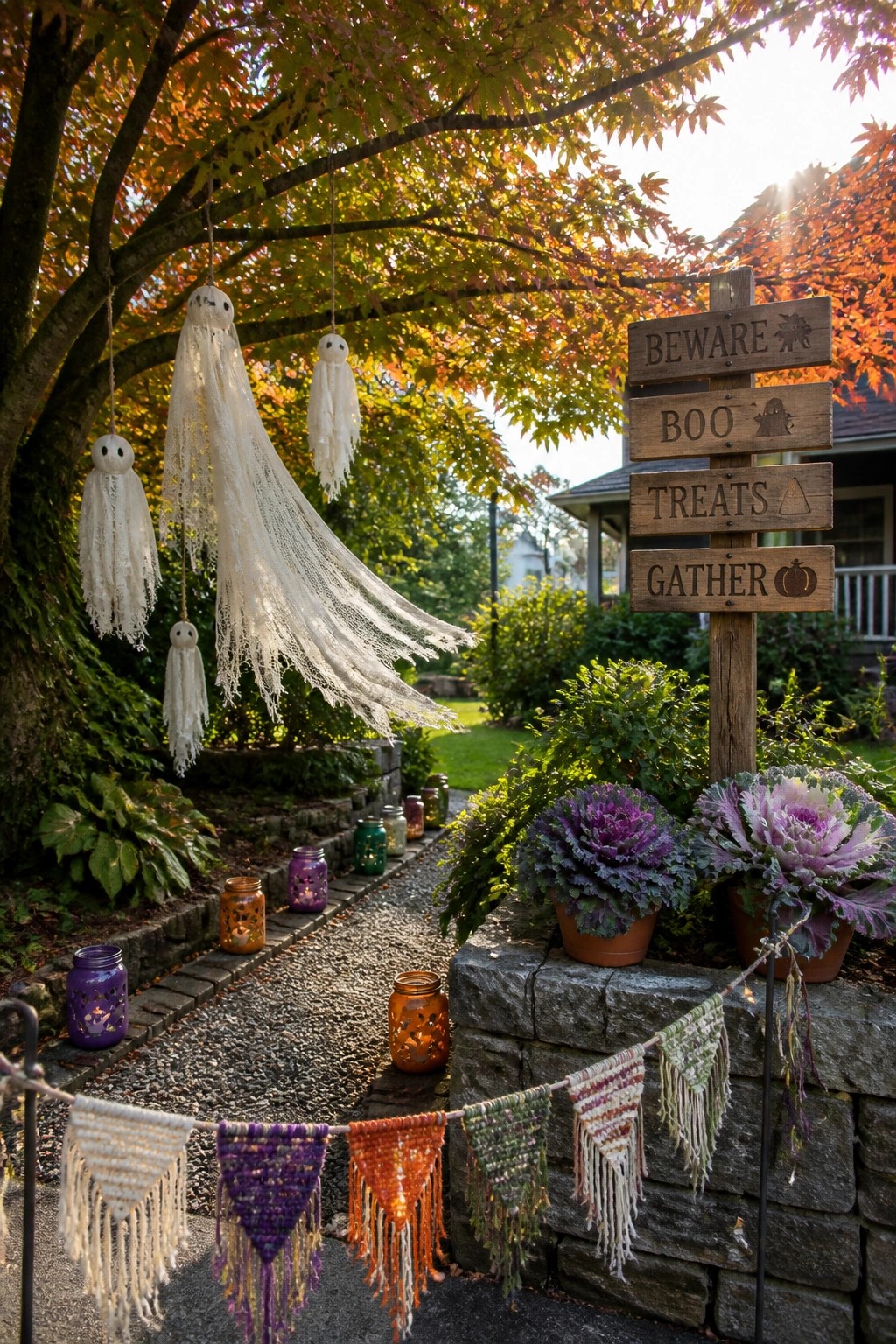 Autumn garden with hanging ghosts, wooden sign, glowing jars, and macrame garland.