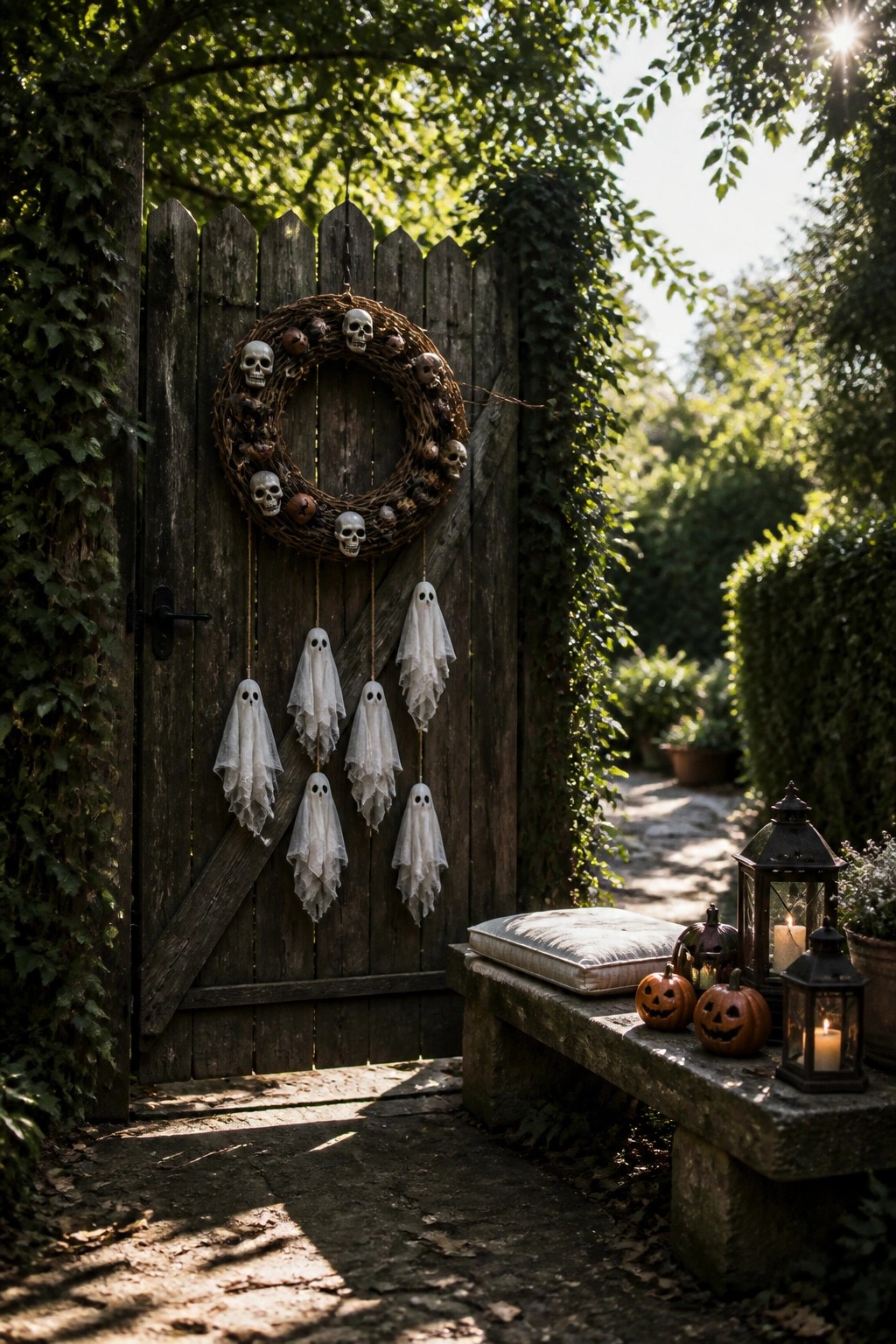 Rustic wooden gate with skull wreath and hanging ghosts beside pumpkin-filled bench with lanterns