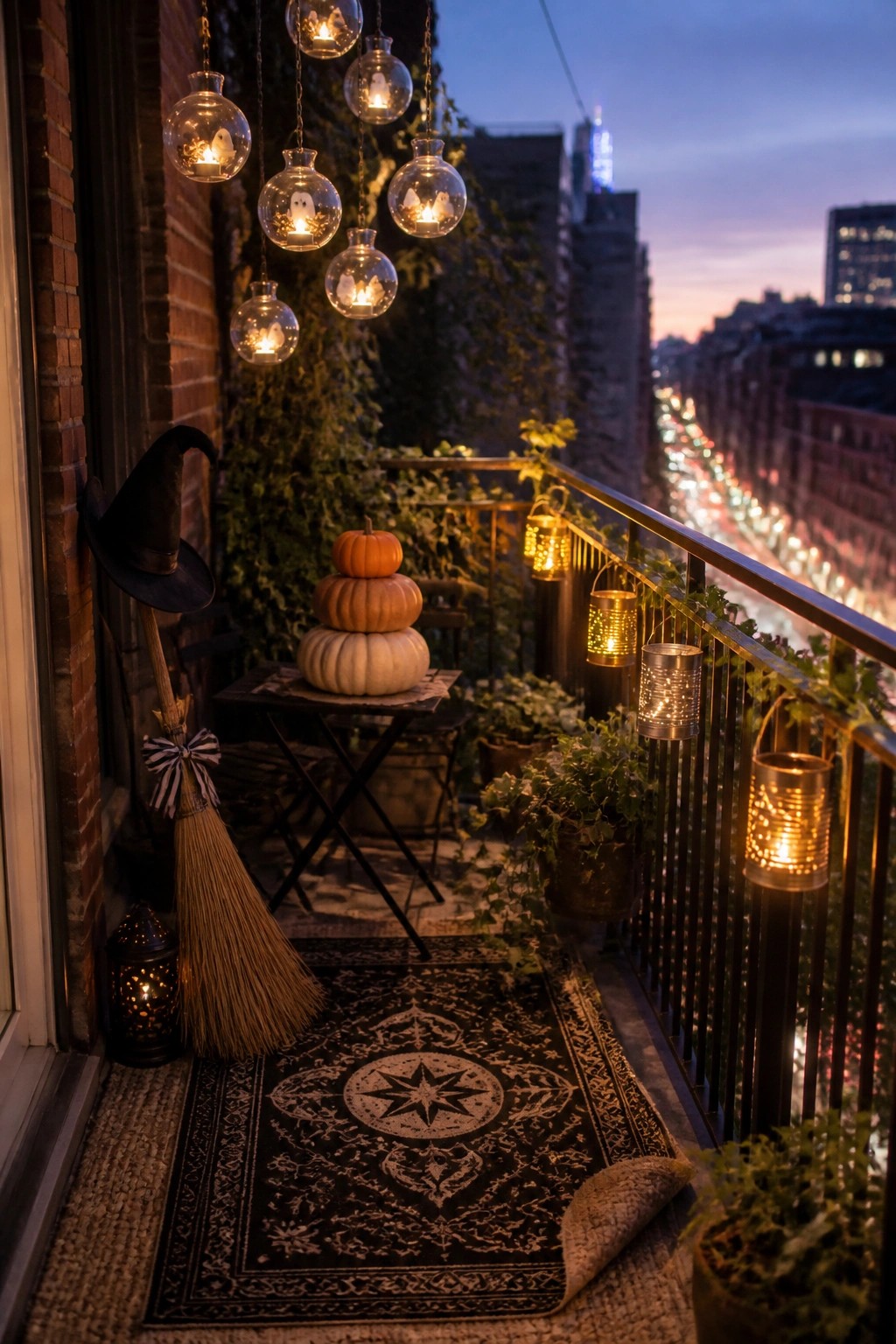 A city balcony at dusk with hanging glass globe lights containing small ghost figures, stacked pumpkins on a table, a broom and witch hat leaning against a brick wall, and assorted lanterns along the railing.
