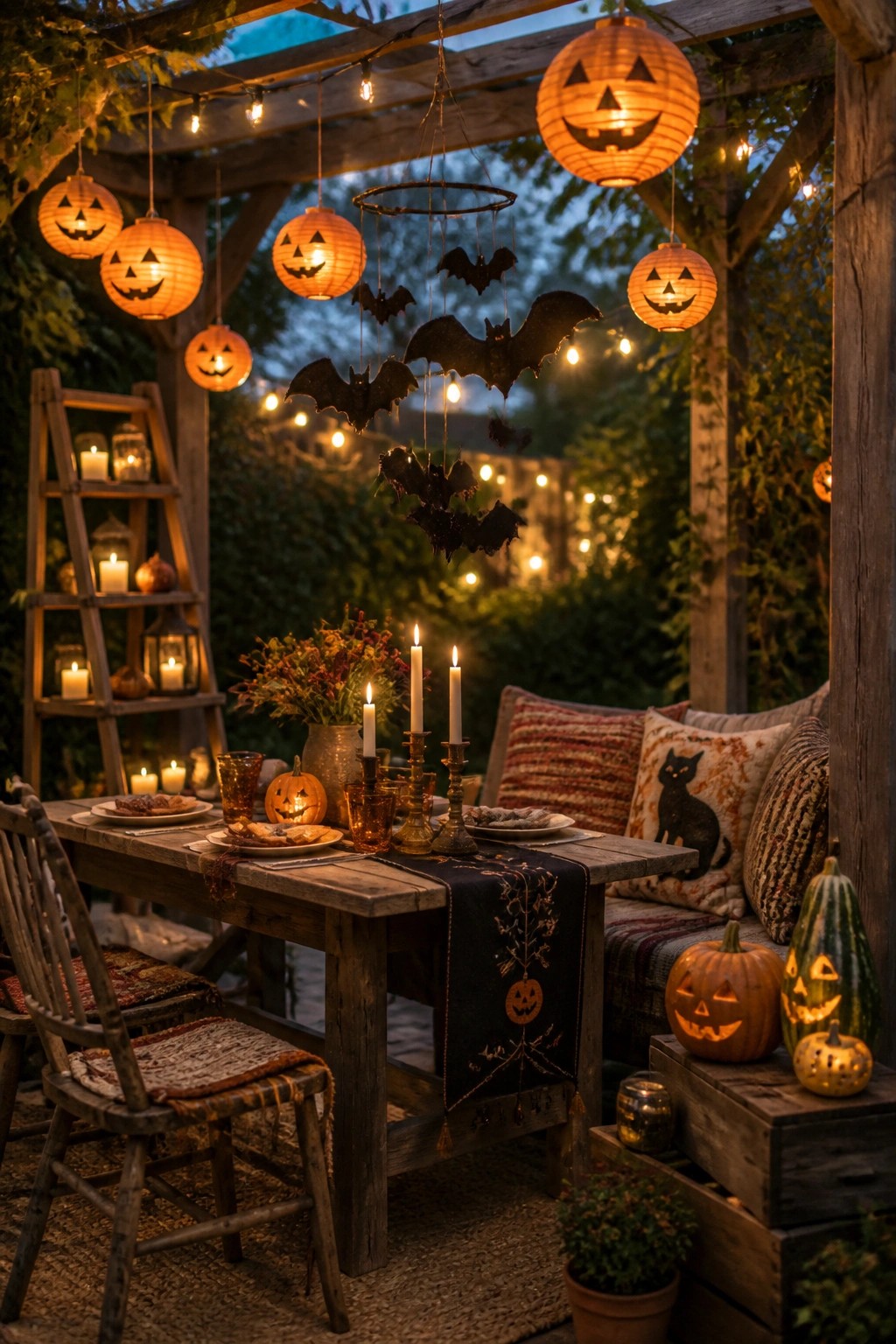 A wooden pergola covers a rustic dining table set with candles, surrounded by hanging pumpkin lanterns, string lights, and bat decorations.