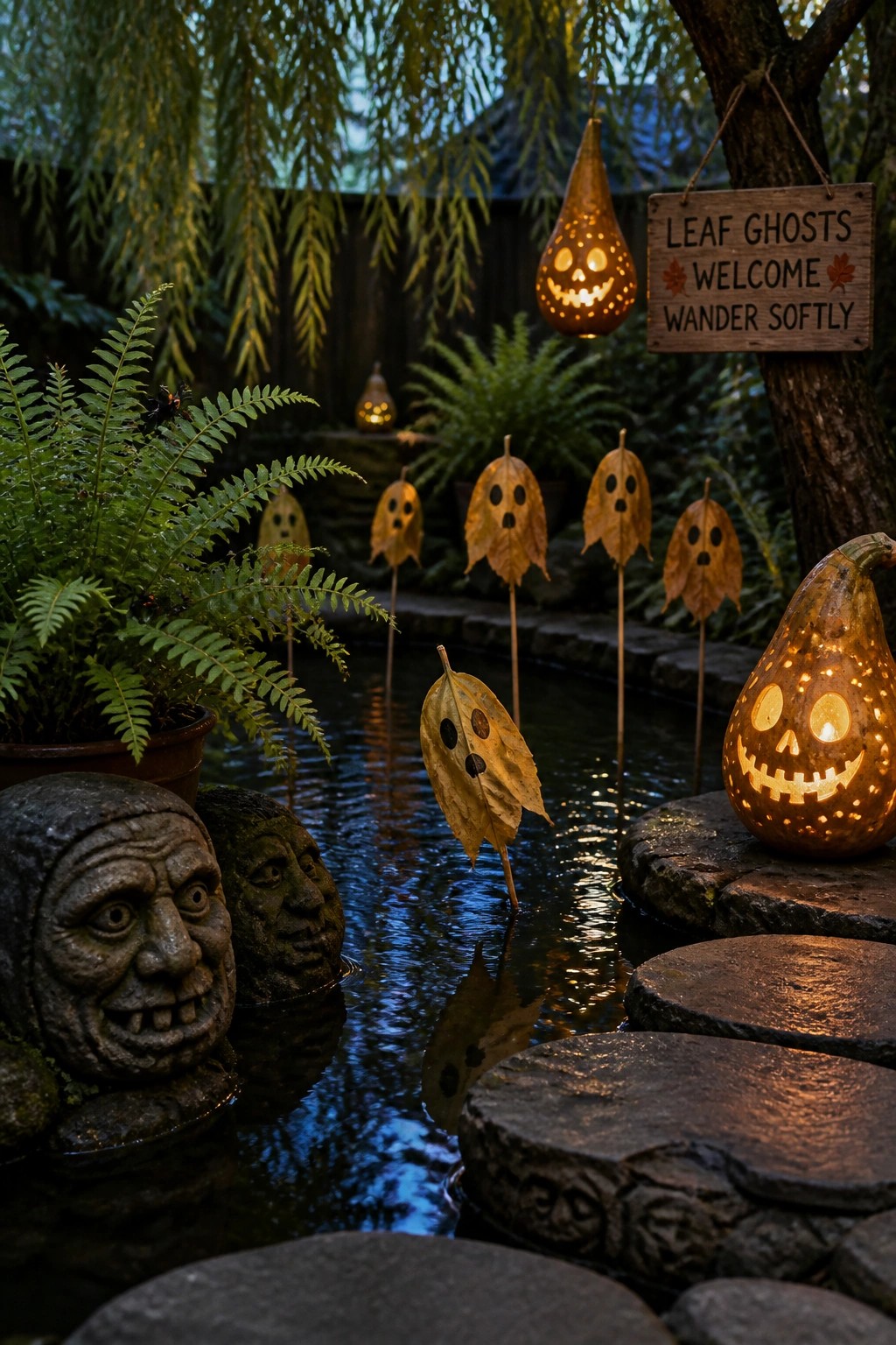 A garden pond at dusk lined with glowing leaf ghost lanterns on stakes, a carved gourd lantern on stepping stones, stone faces in the water, ferns, and a wooden sign that reads 