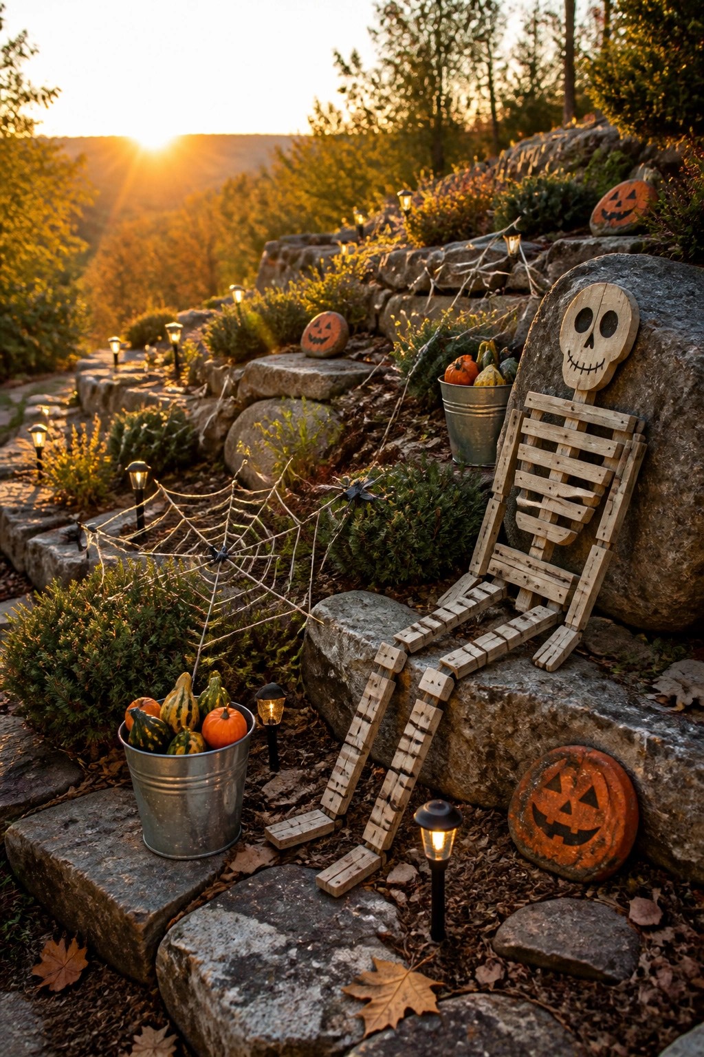 Wooden skeleton seated on rocks amid pumpkins, spiderwebs, and glowing lights at sunset