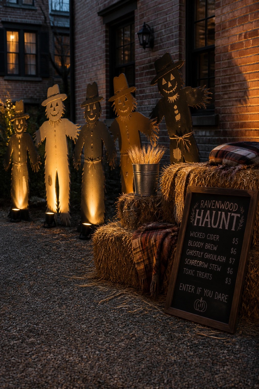 Five illuminated scarecrow figures stand on gravel in front of a brick house beside hay bales and a chalkboard sign.