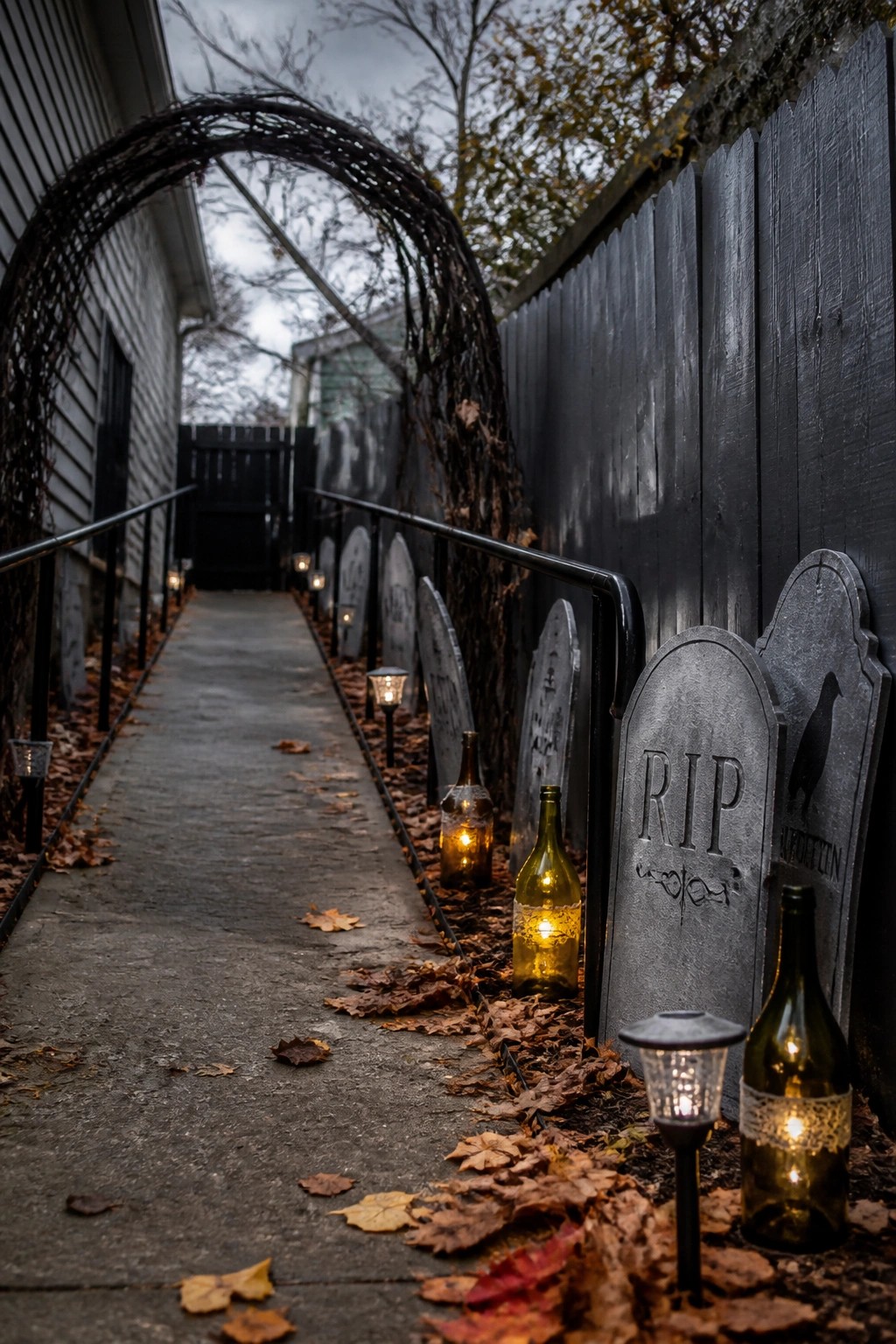 A narrow concrete walkway lined with glowing glass bottles and gray tombstones beside a dark fence, with fallen leaves on the ground.