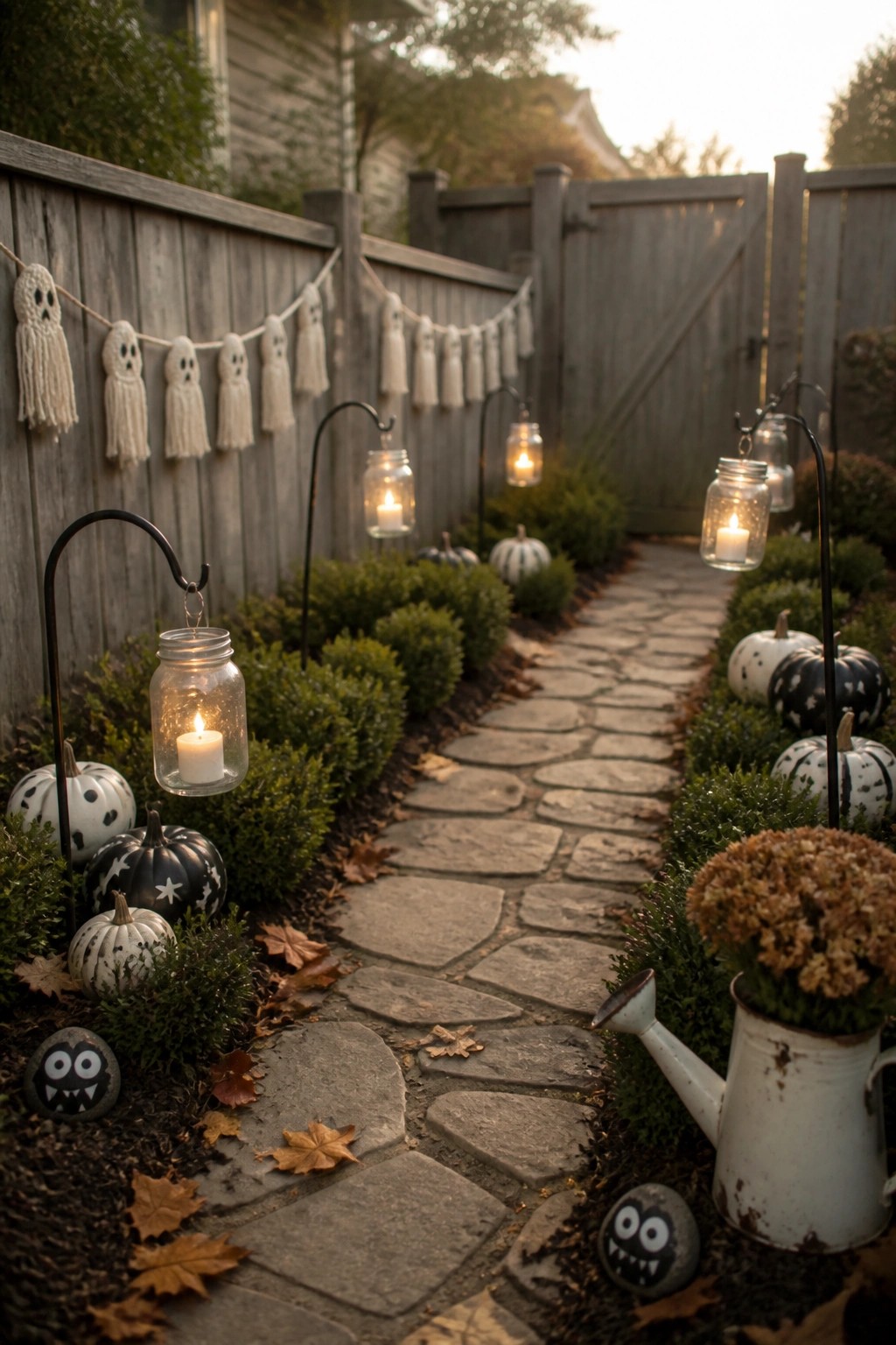 Spooky Halloween pathway lined with glowing mason jars, ghost garland, and painted pumpkins.