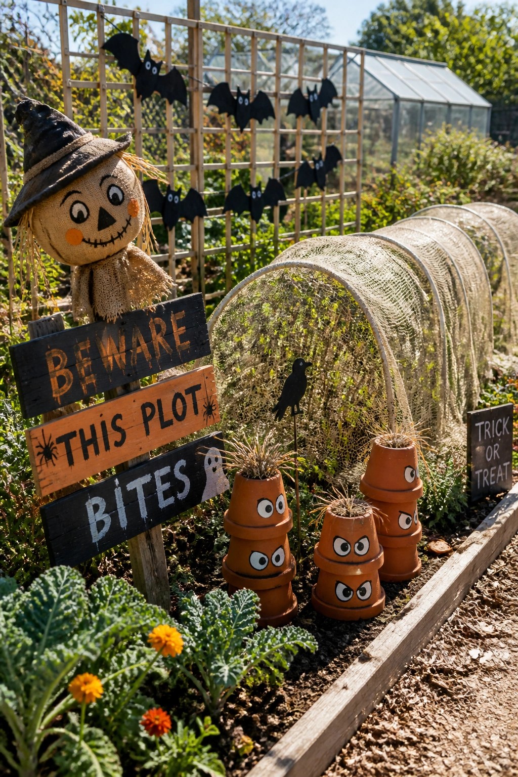A garden bed features stacks of terracotta pots painted with eyes and planted with grass, alongside wooden Halloween signs and black bat decorations on a trellis.